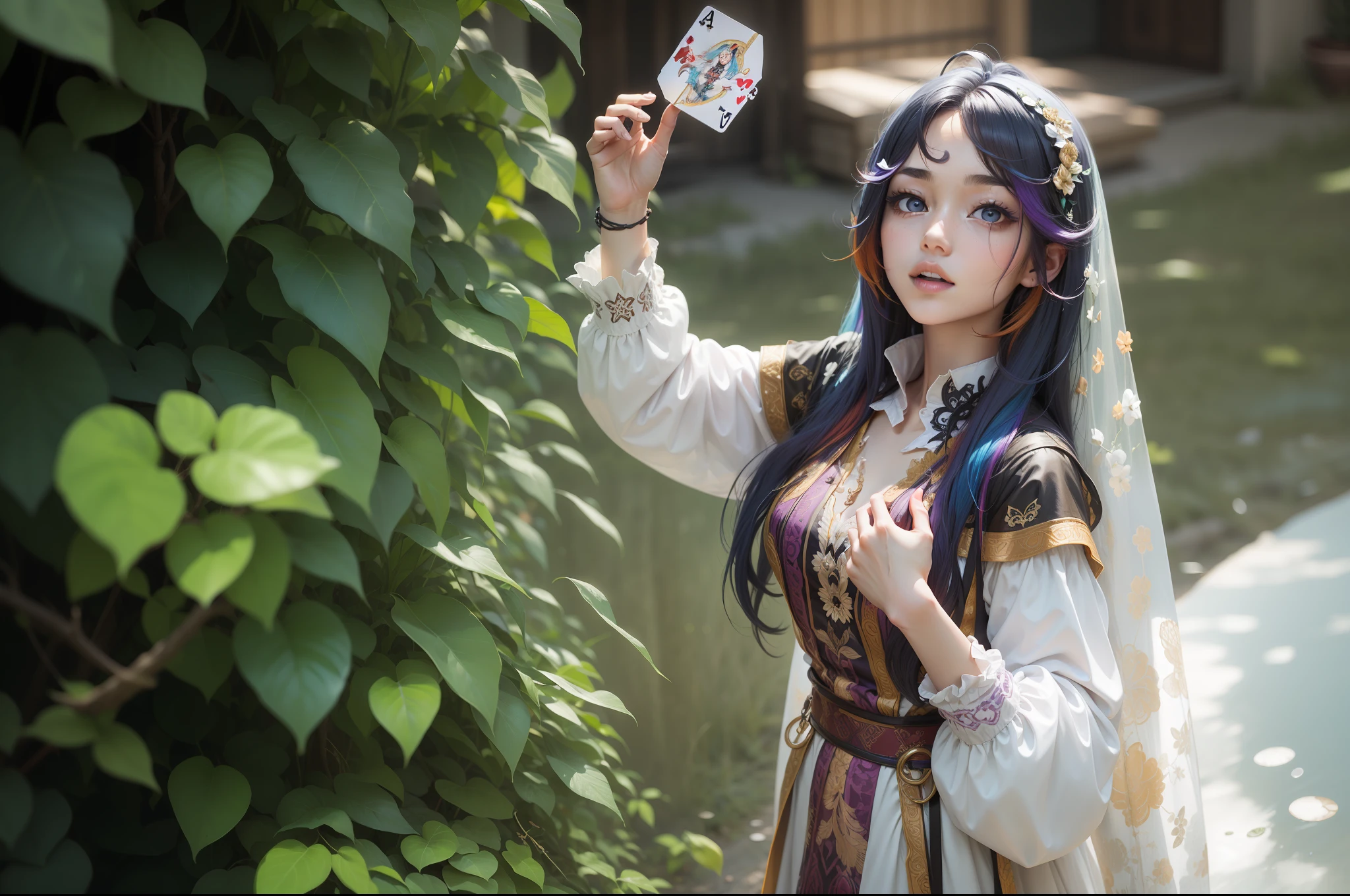 soul card, line,
 (disheveled hair),[orange hair:purple buttom hair:0.8],forehead,zoe,long hair,multicolored hair,blue and purple  eyes,,(colored inner hair:1.1),(gradient hair:1.1),[:purple hair:0.8],