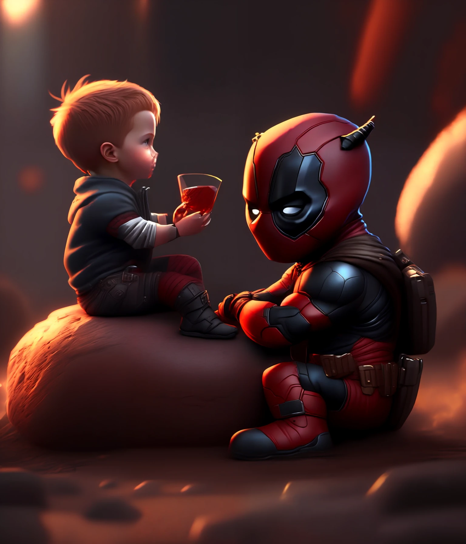 cinematic shot of realistic cute deadpool , surounded by fire, seamless, epic, cinematic, intricate detail, award winning, great lighting, shading, high quality, detailed