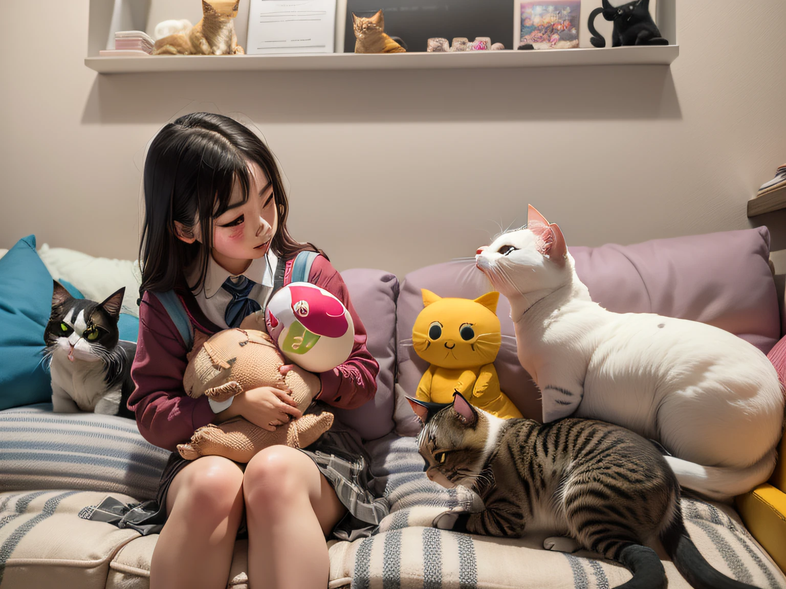 schoolgirls,Feed the cat food,Holding the doll,Sit on the sofa,There are 2 cats next to it,delicated --auto