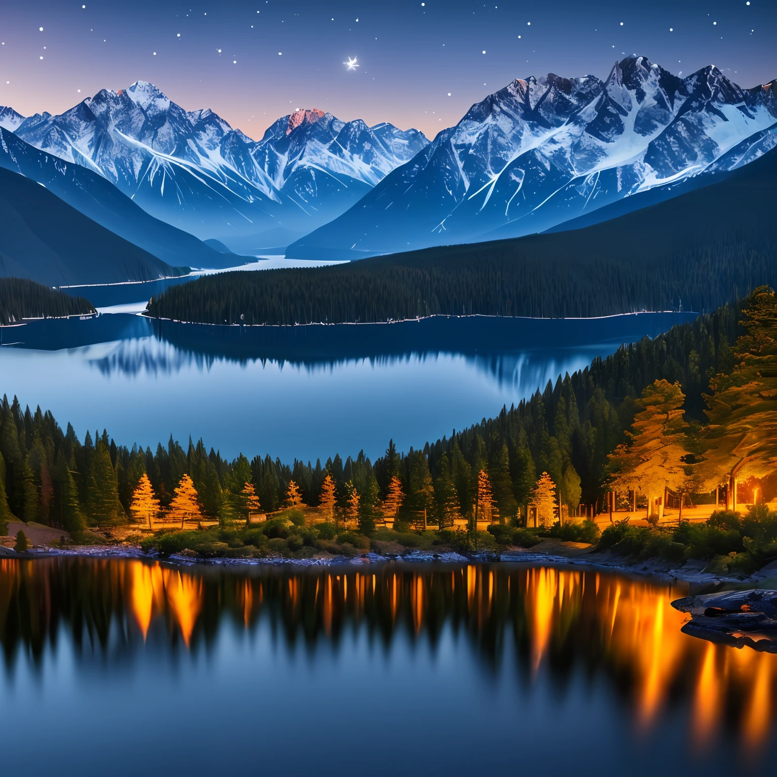 (Very realistic 8K quality), Night view of a mountain lake,Twinkle starlight,The moonlight reflects the mountains and forests,Realistic scene details,The unique scenery is simple and stunning。 --auto