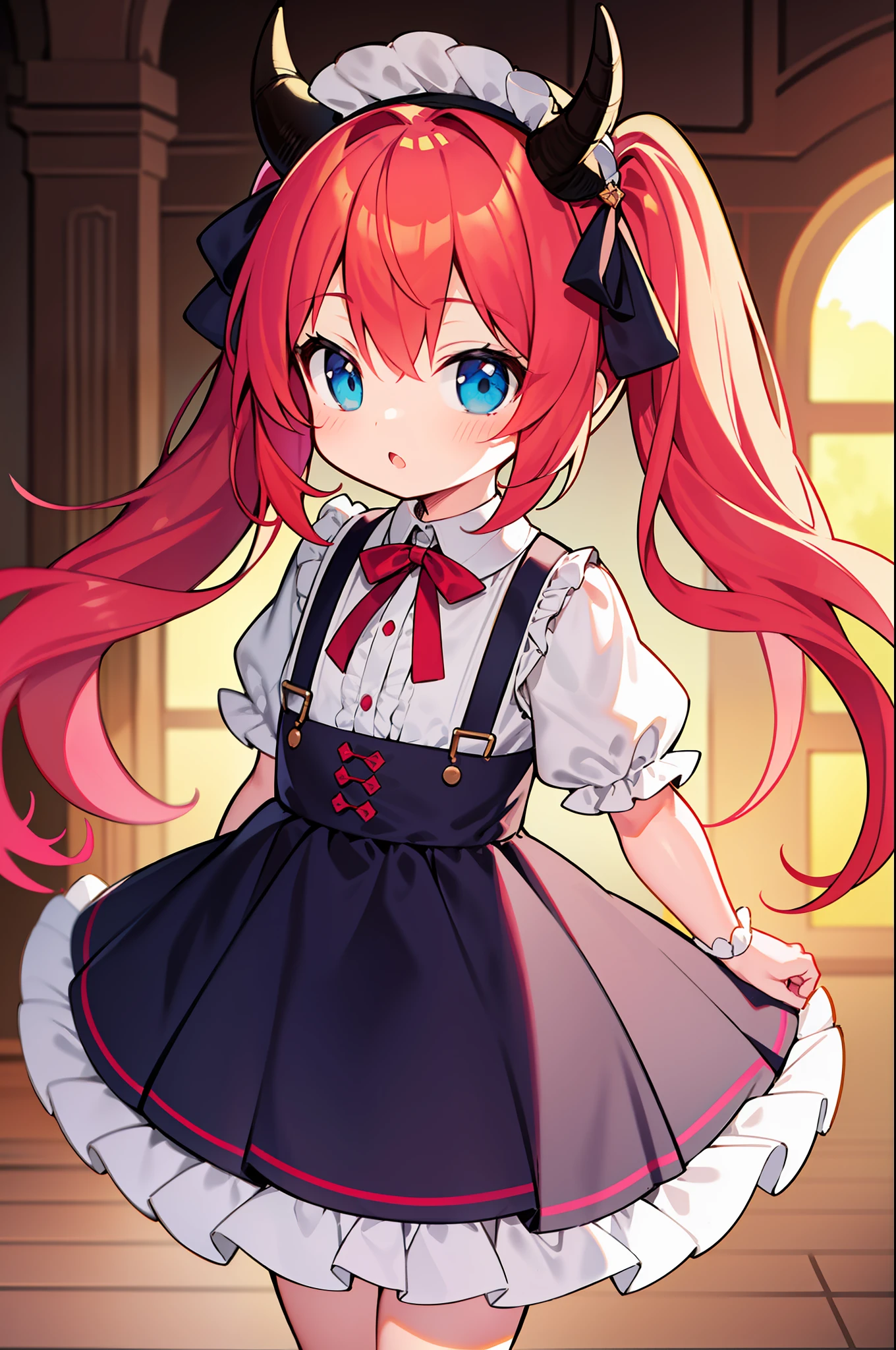 {{best quality}}, {{masterpiece}}, {{ultra-detailed}}, {illustration}, {detailed light}, red hair,blue eyes,twintails,lolita,Suspenders skirt,Fantastic,loli,solo,Dragon horns,little girl,long hair