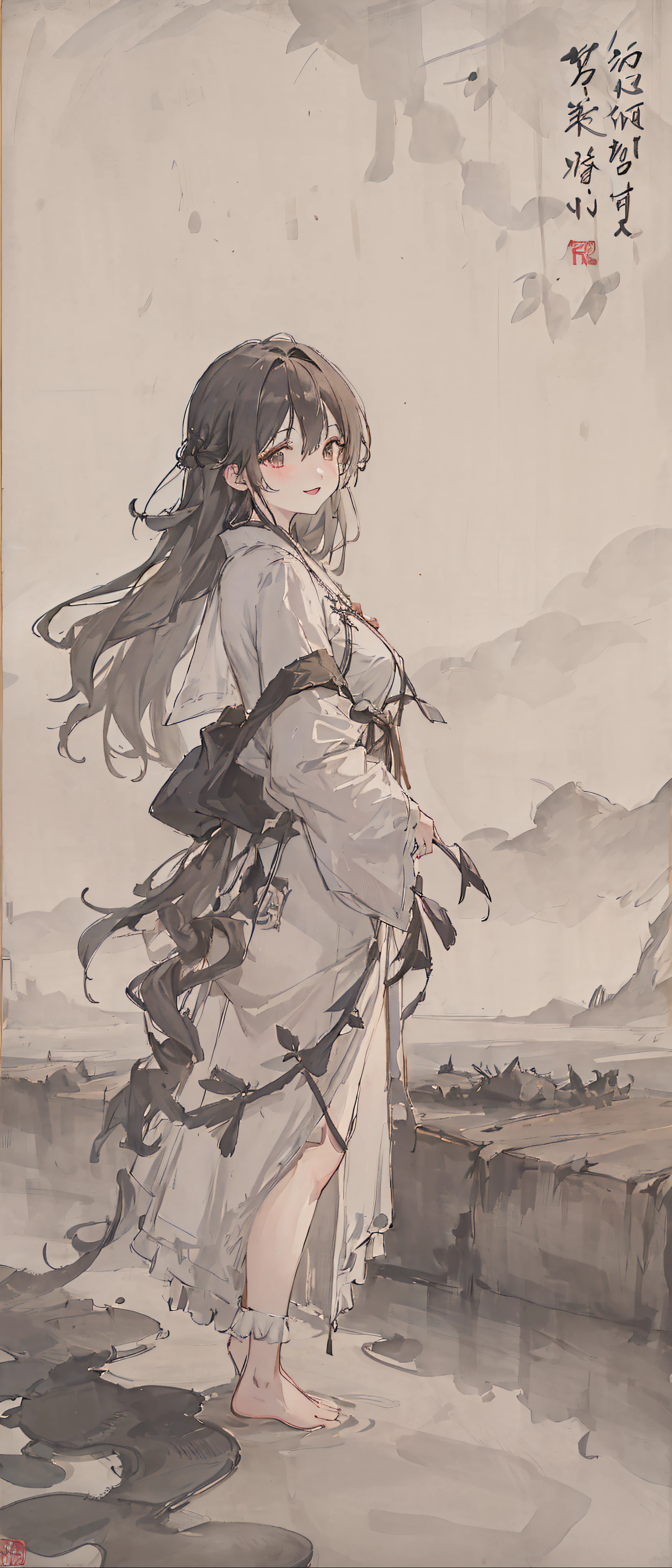 ((4k,masterpiece,best quality)), shuimobysim, traditional chinese ink painting, lotus, hanfu, maxiskit, dress conservatively
1girl, solo, long blue hair, smile, standing, feet in the water, barefoot,