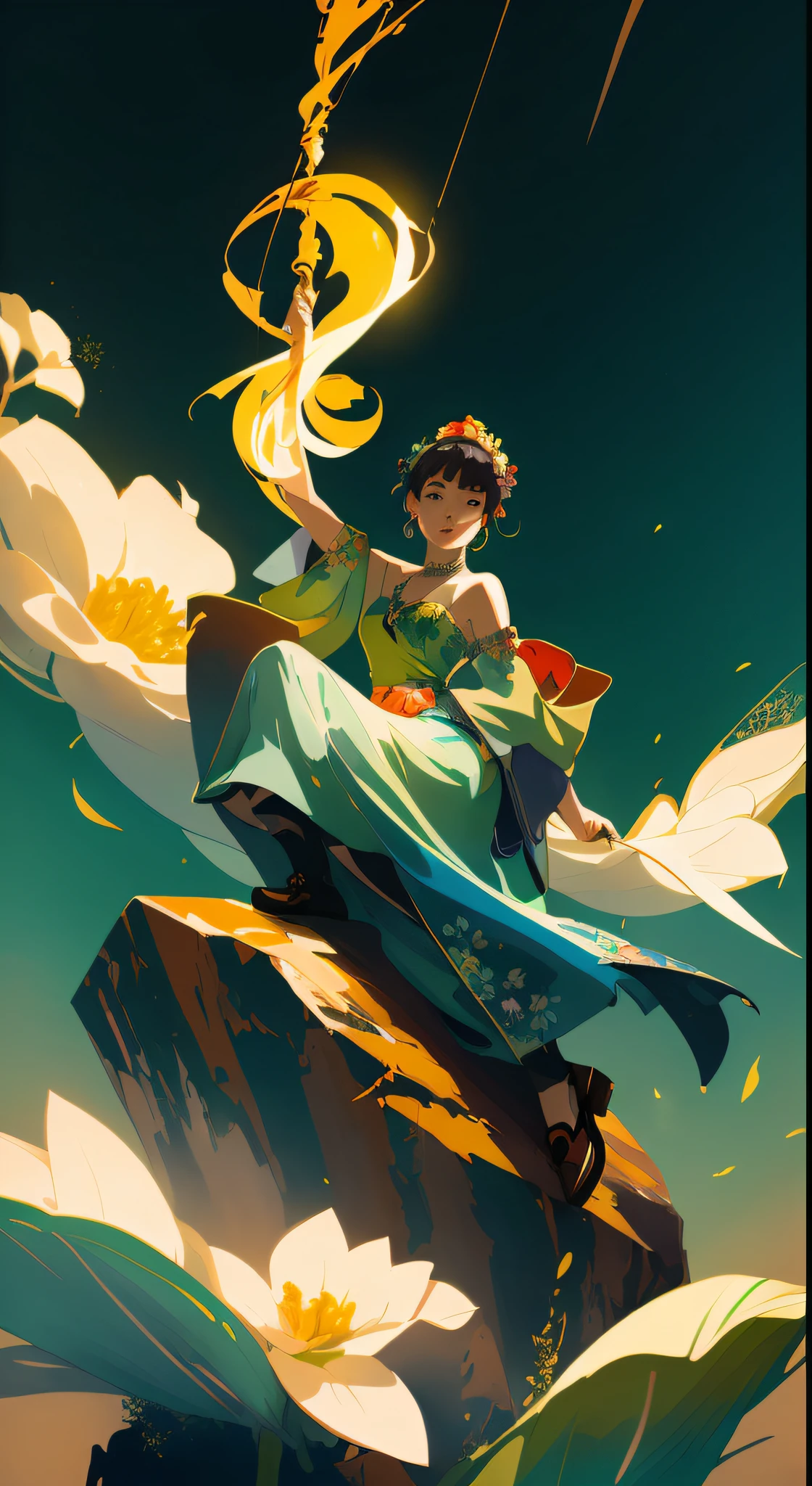 Anime - Stylistic illustration of a woman in a long dress flying over flowers, Artgerm and Atey Ghailan, Alphonse mucha and rossdraws, A pretty girl,Ross Tran style, by Yang J, In the style of Ross Tran, Ross Tran 8 K, By Li Song, atey ghailan 8 k, Beautiful character painting, Guviz-style artwork