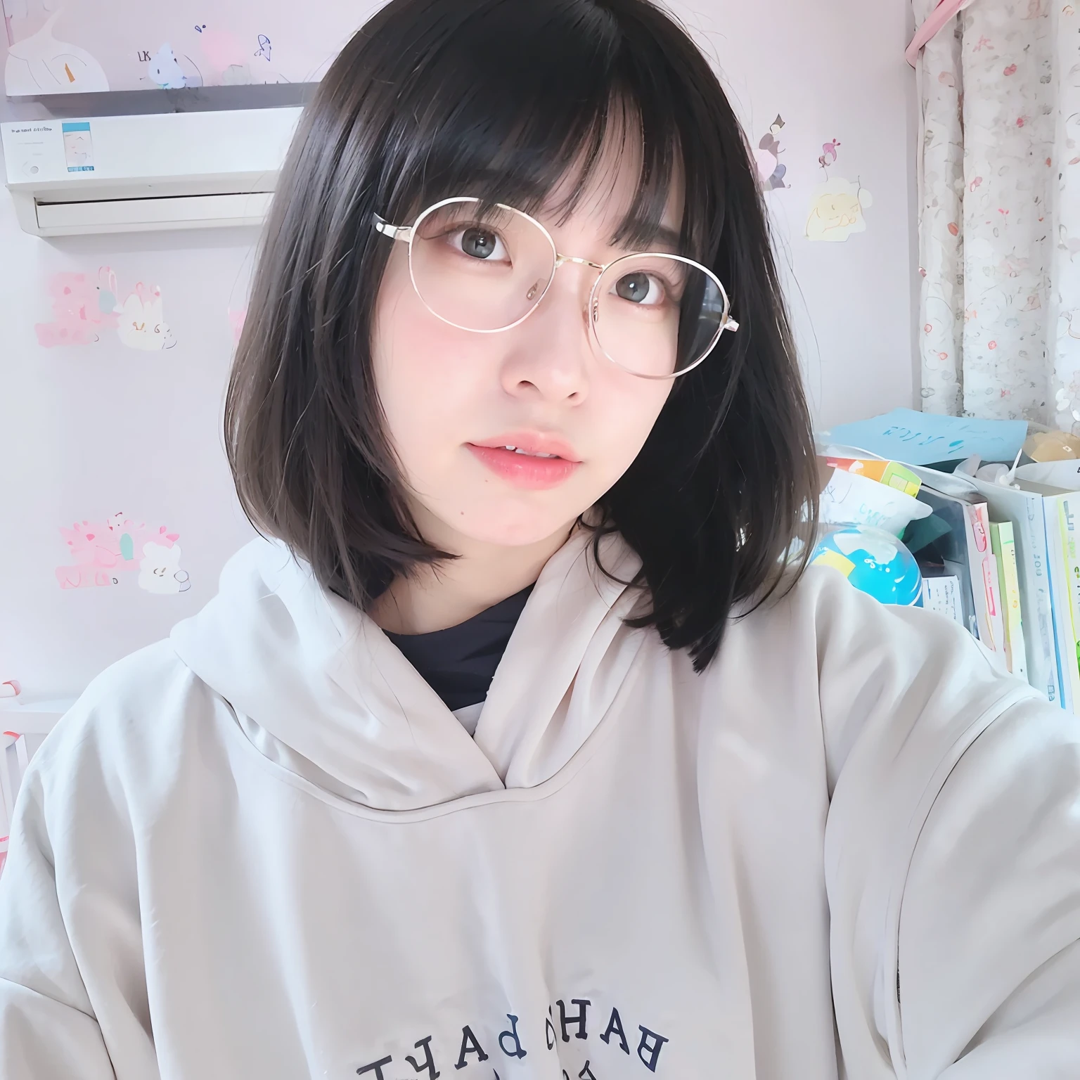 There was a woman with glasses and a white hoodie, with short hair, With glasses, wearing thin large round glasses, chiho, wearing small round glasses, ulzzangs, xintong chen, inspired by Ma Yuanyu, black haired girl wearing hoodie, clear cute face, tidy hair,By bangs, Yoshitomo Nara, With bangs --auto
