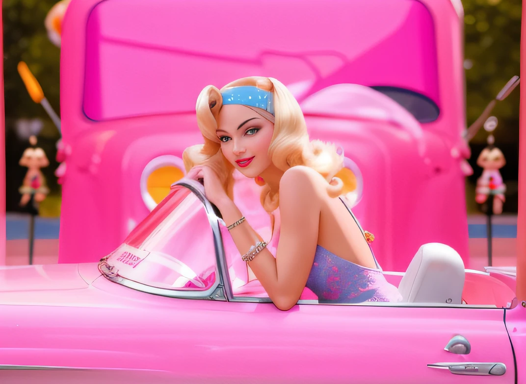 Blonde woman in pink car，Wears a blue headband, Barbie, 5 0 s aesthetic, barbiecore, pink iconic character, plastic barbie doll, The aesthetic of Gollum, Inspired by Jaeger the Rabbit, 1950s vibes, 50s style, 5 0 s style, author：Joe Bowler, pin up girl, pin up, promotional still