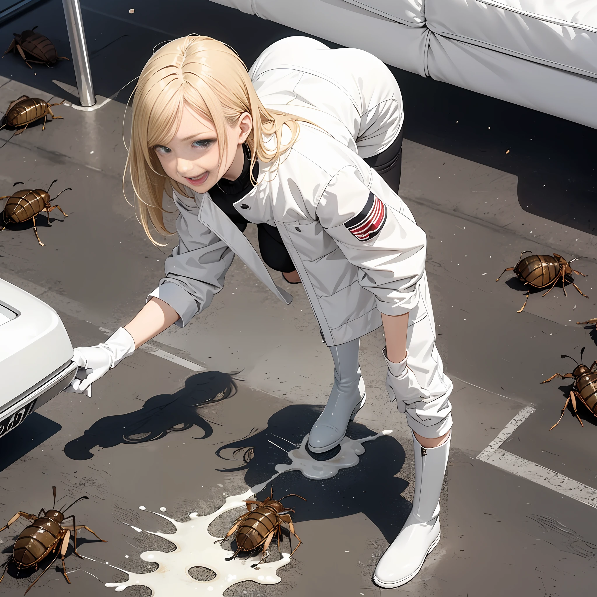 (masutepiece),Best Quality, Ultra-detailed,Beautiful blonde beautiful girl,White protective clothing、white rubber boots、White rubber gloves,A large amount of small cockroaches on the linoleum floor、 Small mass cockroaches filling the ground,Fighting cockroaches、Get rid of cockroaches、Cockroach liquid crushed and splashed、Standing and trampling、Joyful expression、look down the ground[ 🐛Trampling：1.2]:0.3.