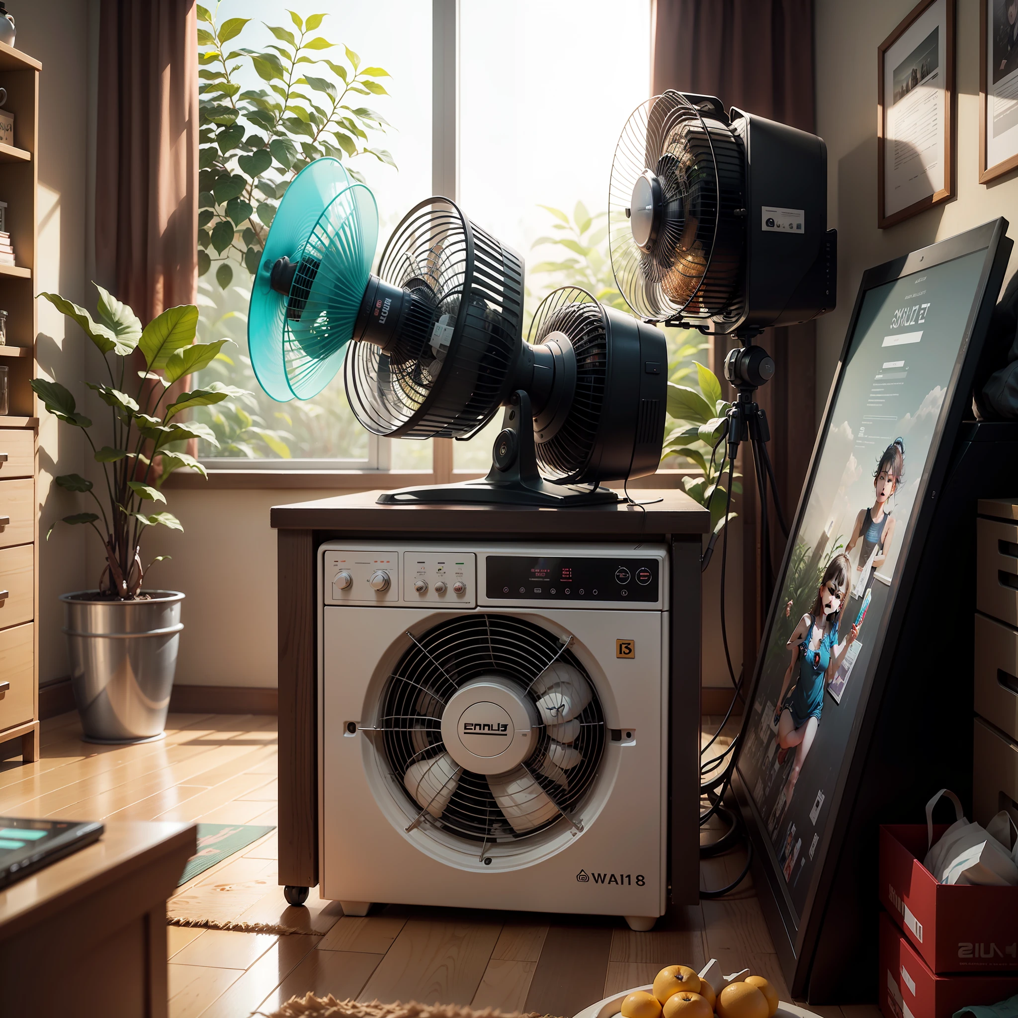 e-commerce poster,at centre,electric fan,products shot,inside in room,janelas,Skysky,a plant,sand,C4D,8K,photorealestic --auto