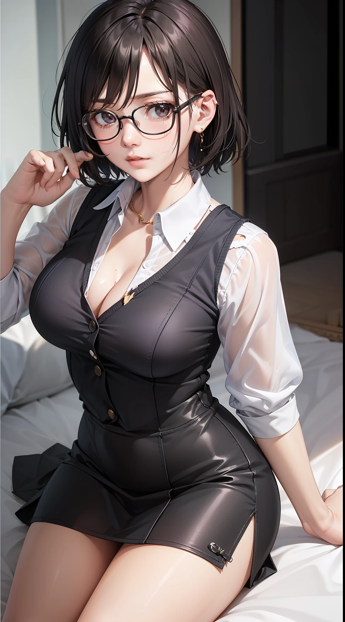 Indistinguishable from reality、Exquisite、8K、masterpiece:(1.2)、top-quality:(1.2)、Pictures of reality:(1.2)、intricate detailes:(1.2)、Torn school uniform、On the bed、ripped clothing、The skirt that was about to be taken off、お漏らし、incontinence、Drops falling on the inside of the thigh、Water leakage from the pubic area、beutiful breast、A dark-haired、short-haired、Glaring face、denial、well proportioned face、the golden ratio、Wearing glasses、high-detail、high-detailed skin、slick skin、lying back on