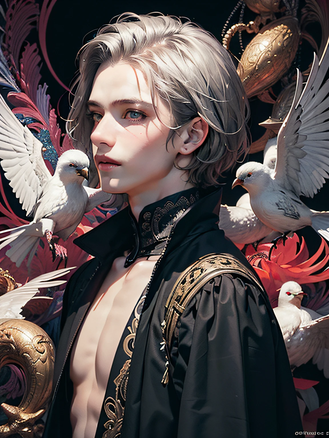 realistic, (masterpiece, top quality, best quality, official art, beautiful and aesthetic:1.2), extremely detailed,fractal art,colorful,highest detailed,zentangle,(abstract background:1.5) (1boy:1.3), (birds),silver hair, bright eyes,hair slicked back, short hair, black robe,