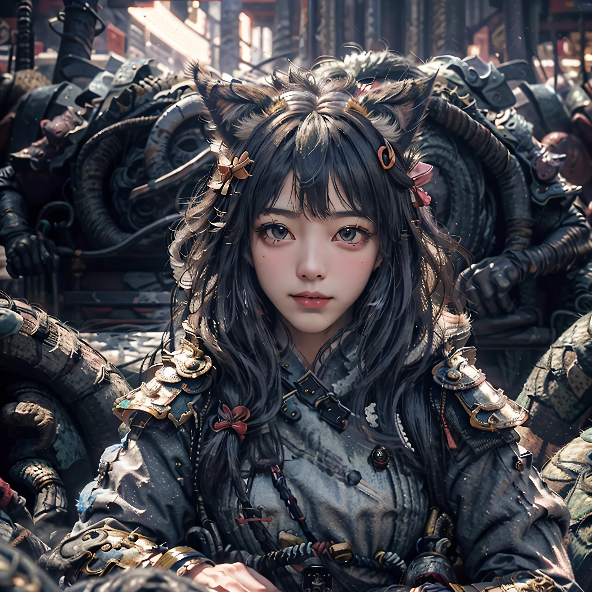 wince, solid circle eyes, fake animal ears, light smile, ear blush, fang, black hair, hair ribbon, Surrealism, drop shadow, anaglyph, stereogram, tachi-e, pov, atmospheric perspective, 8k, super detail, ccurate, best quality --auto