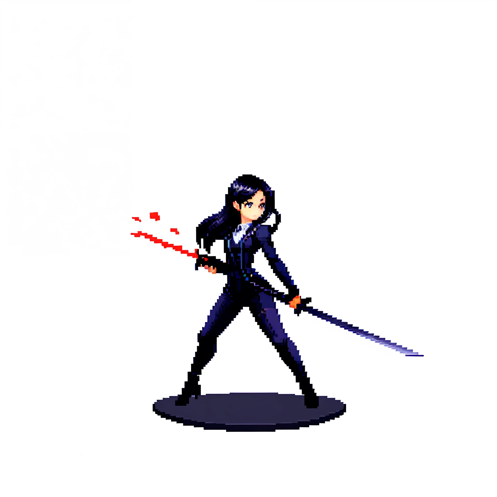 (masterpiece, top quality, best quality), pixel,pixel art,(1girl),(full body), white background,long hair, black hair, dynamic pose, holding red sword, black suit,