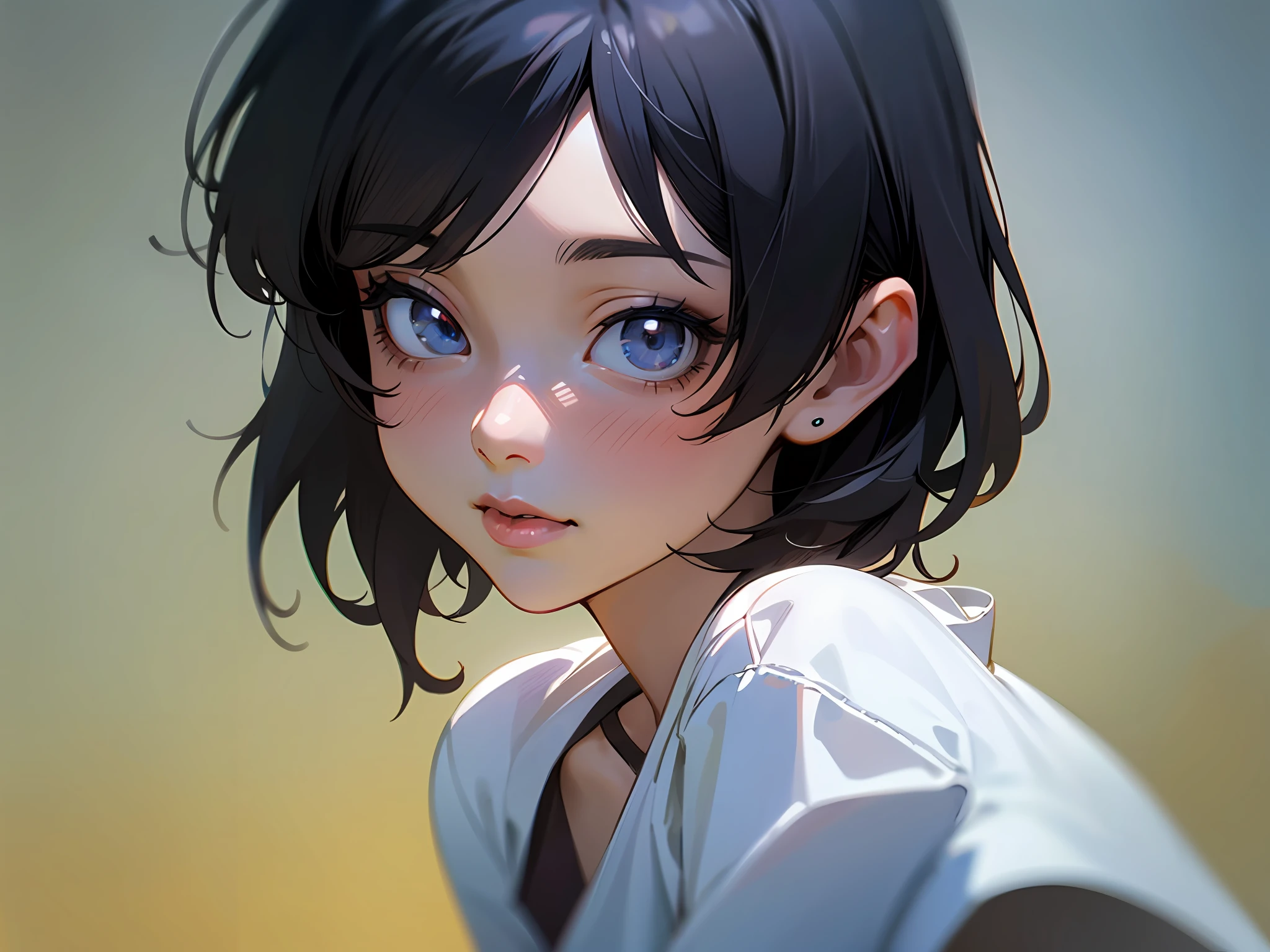 there is a woman with a black hair and a white shirt, Realistic anime 3 D style, with short hair, realistic anime artstyle, anime realism style, Kawaii realistic portrait, Guviz-style artwork, Smooth anime CG art, Realistic anime art style, Realistic young anime girl, realistic anime style at pixiv, Anime style. 8K --auto