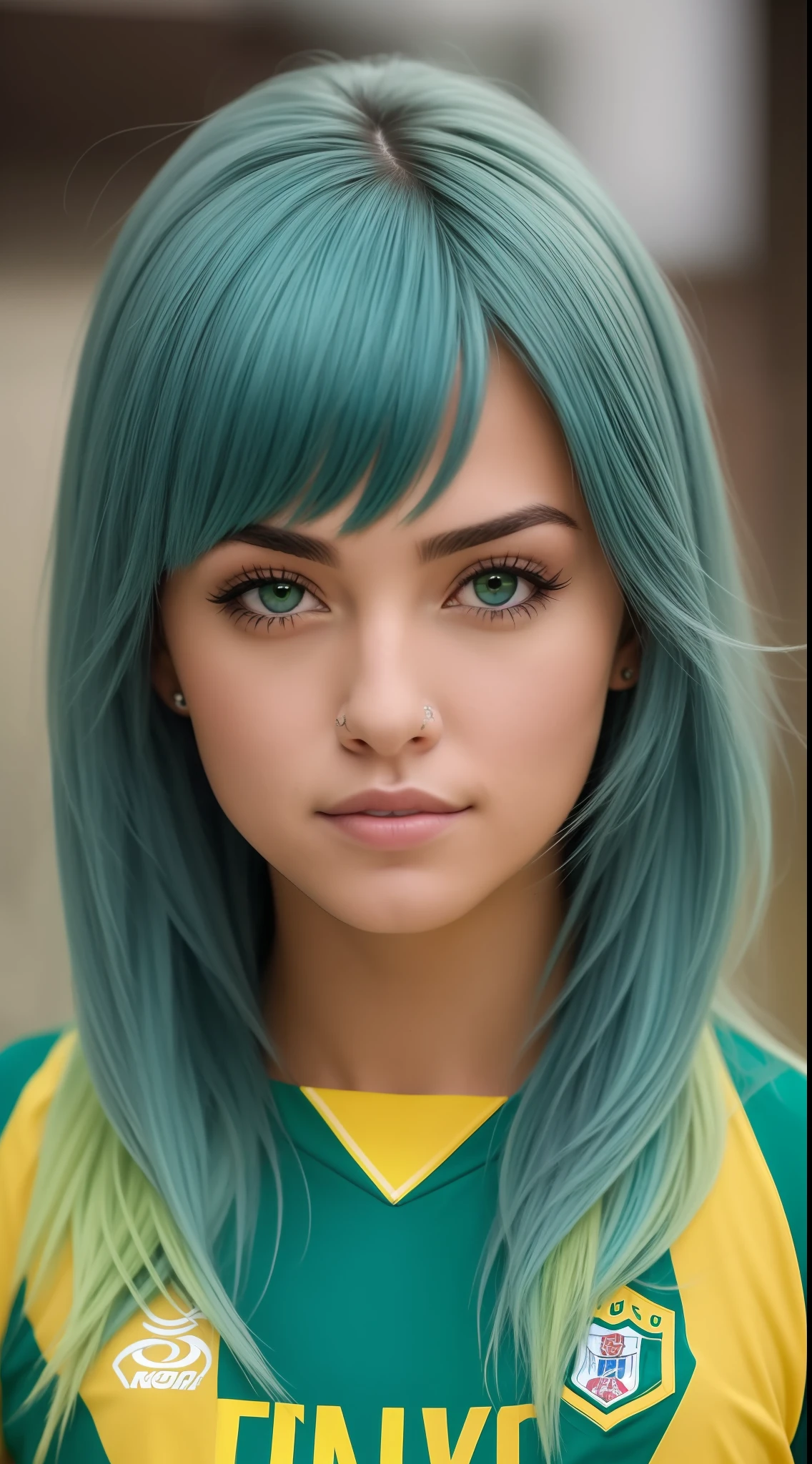 1mulher jovem, loira, cabelos curto, looking-into-camera, wearing clothes of the Brazilian national football team, fundo com manchas de tinta na cores verde amarelo e azul escuro.