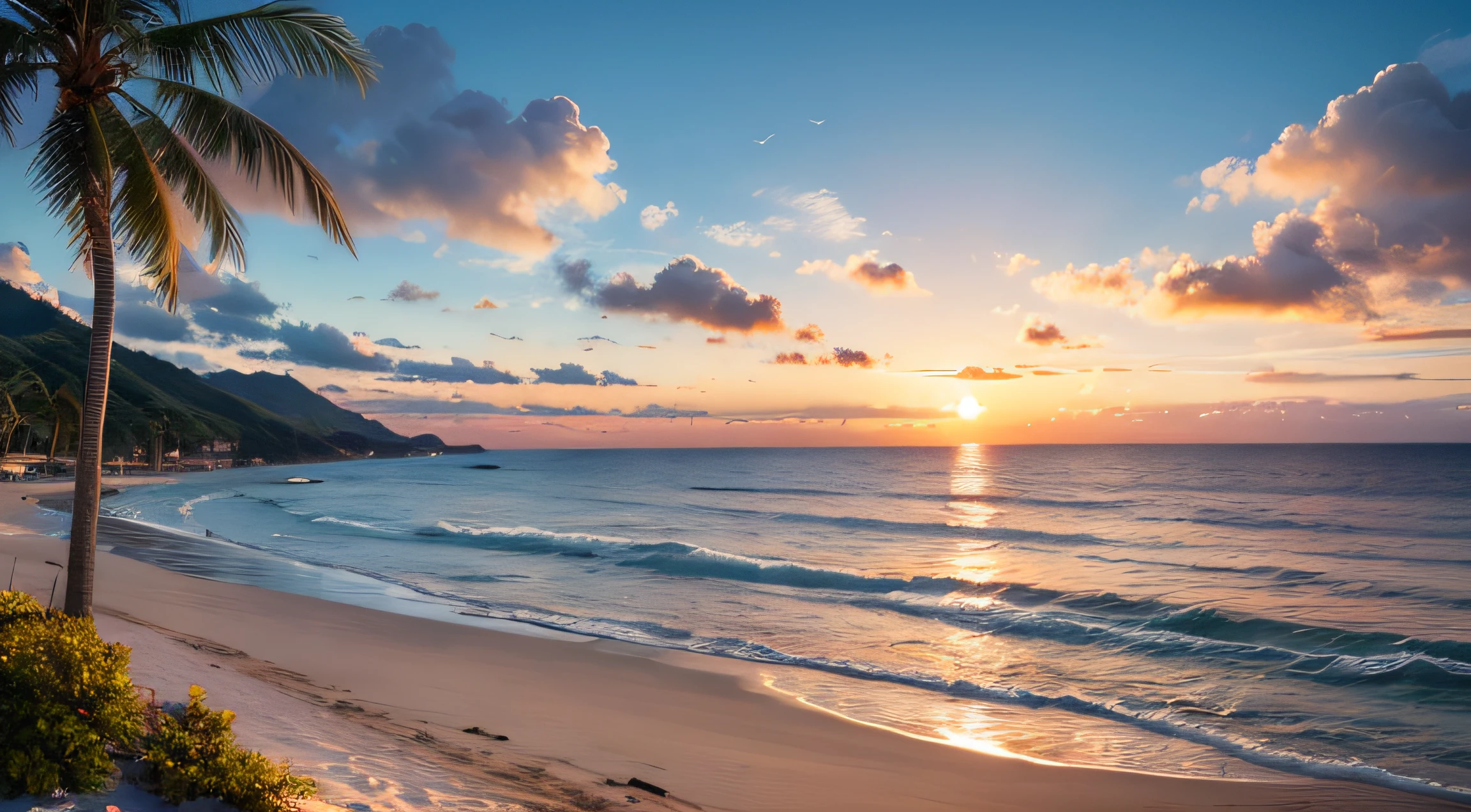 Oranges, pinks and yellows blend together to fill the sky, and the sunset over the beach is truly mesmerizing. The crystal clear waters gently kiss the coast, and the white sand beach stretches out endlessly. It's a dynamic and breathtaking scene with seagulls soaring high into the sky and palm trees gently swaying. Take in the calm atmosphere and peace will wash you away. --auto