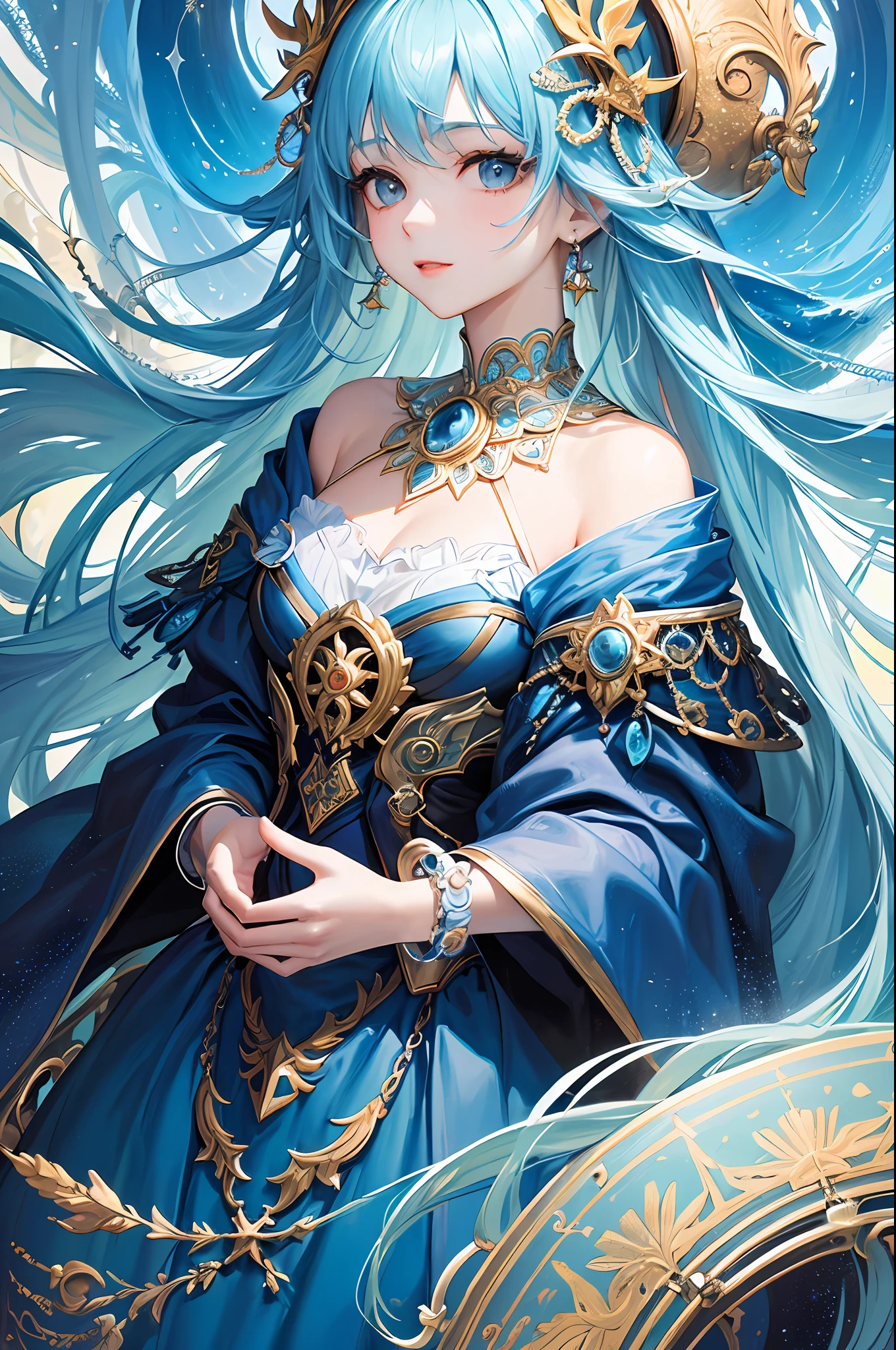 (masterpiece、top-quality、top-quality、Official Art、Beautifully Aesthetic:1.2)、(1girl in)、ighly detailed、(Fractal Art:1.3)、colourfull、highestdetailed、Sagittarius temperament、Fantasia、ideal、Immerse yourself in art、happiness、Royal Blue、sorcerer、neptune、Female sexuality、