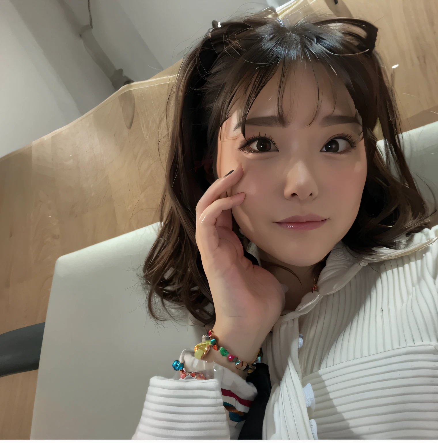 There was a woman with glasses sitting on her side in a chair,Place your hands on your face, Wear jewelry on your wrists,anime big breast,short detailed hair,A brown-haired