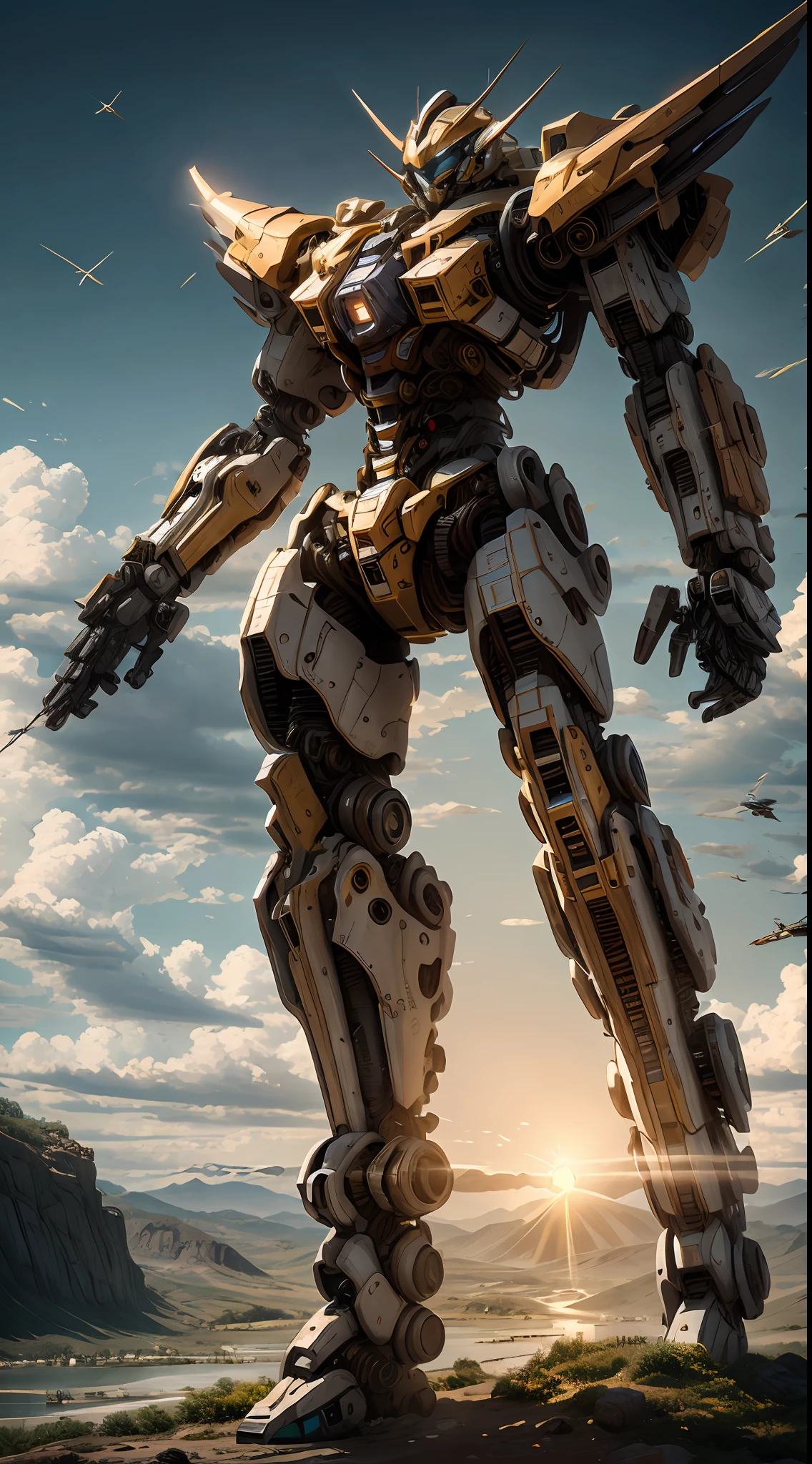 （(masterpiece, best quality, mechanical, realistic, 8K wallpaper, ultra-high resolution）), (giant robot: 1.3) facing the audience, sparkling eyes, whole body, (flight, dive, dynamic, motion blur: 1.4), (giant mechanical wings: 1.6), head up, sparkling, mechanical, panoramic, background is the earth, nebula, space, particles, reality, HDR (High dynamic range), perfect composition,