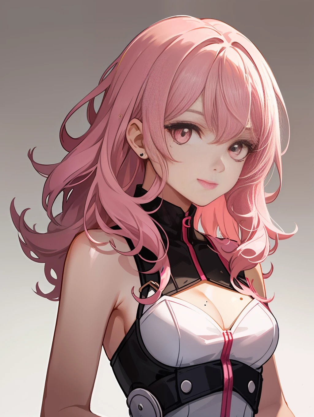 Cute girl, The upper part of the body, The inside of the hair is dyed pink, Pink eyes, white color hair, curly hair, mole under eye, light smile, masterpiece, anatomically correct, super detail, high details, high quality, award winning, best quality
