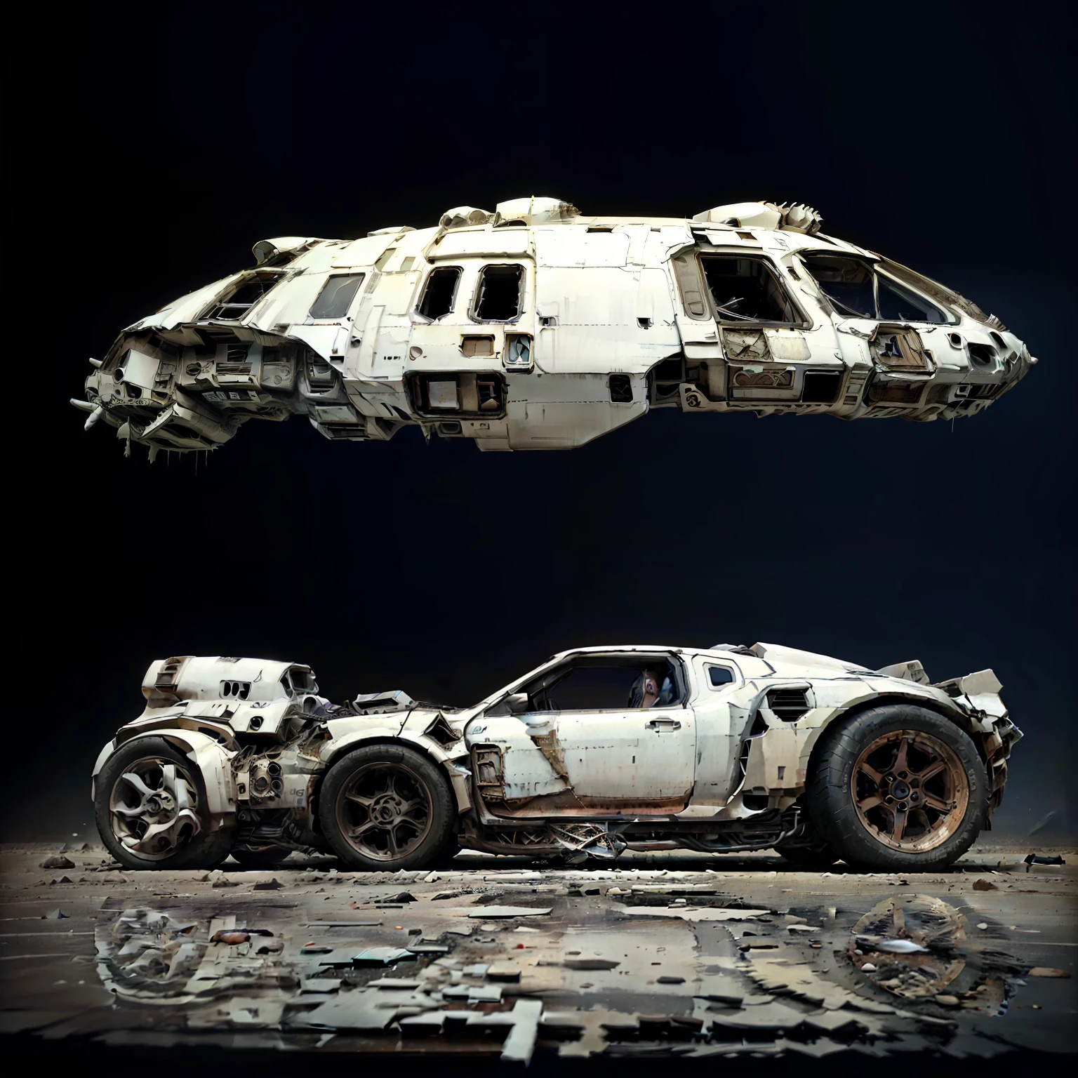 Broken shipwreckage(tmasterpiece),Dilapidated spaceship,8K,A falling spaceship in the universe(best qualtiy),deep dark background