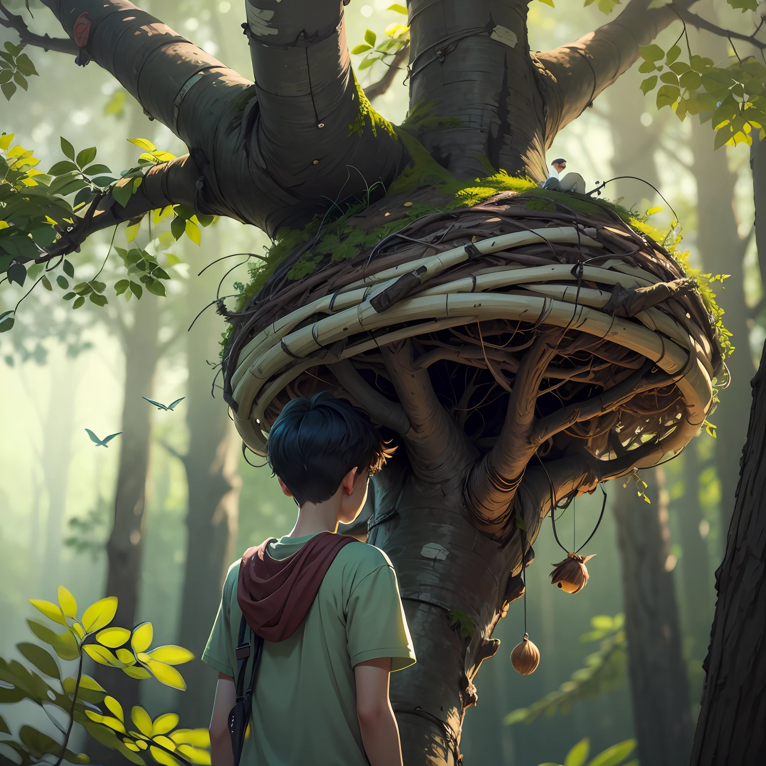 A  BOY LOOKING AT AN ABANDONED NEST IN THE TREE --auto