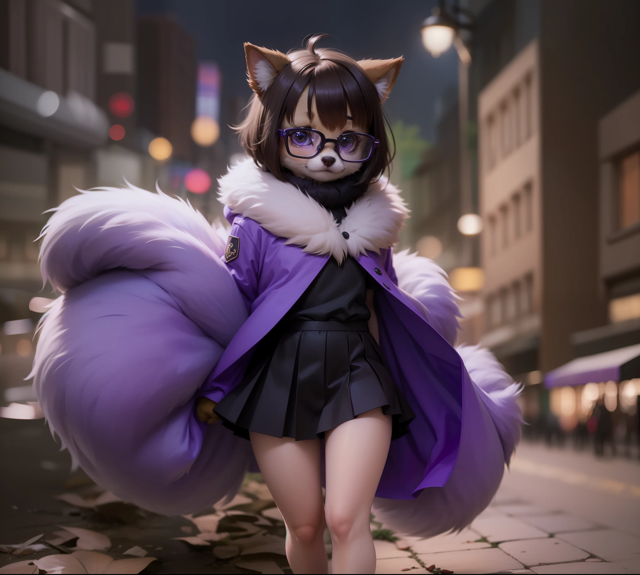 Anthro furry, fursona, dark brown hair, wearing black and purple skirt, pose, city in the night background, 1solo, wearing square glasses, fur, fur body, full body covered in fur, fluffy paws, fur body, fluffy body, small size, small body, cute fursona, cute body, fluffy, small size, ???,