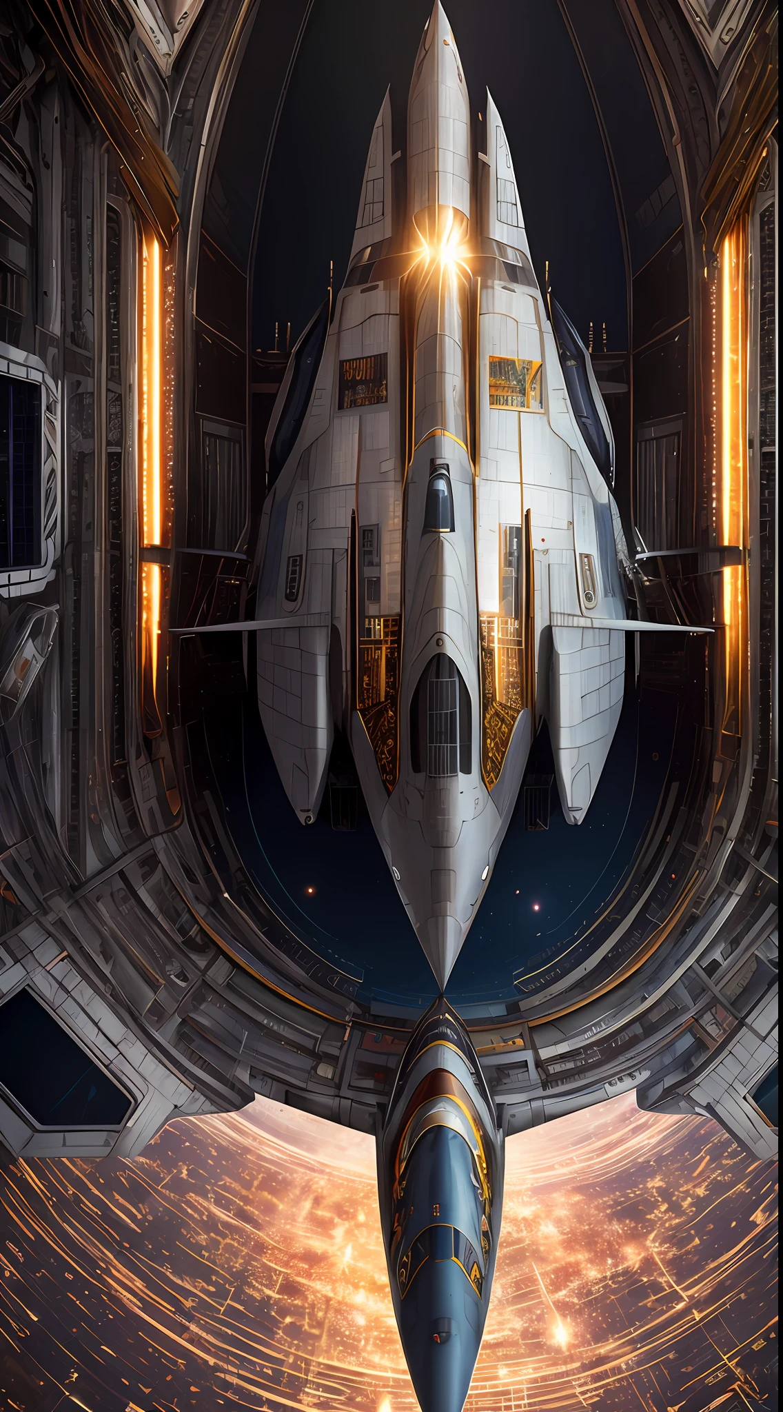 space ship,The future is full of technology,Complex structures,Ultra-detailed graphics,glittery,(The shuttle's strong metallic sheen:1.3),Cockpit exterior,Medium close-up and close-up,Silvertone,Streamlined,Outer space scene:1.3,(The vast earth:1.3),rendering by octane,Ultra photo realsisim,hyper realisitc,A masterpiece of science fiction,Cinematic texture,hyper photorealism,Premium wallpapers,Master masterpieces,offical wallpaper.