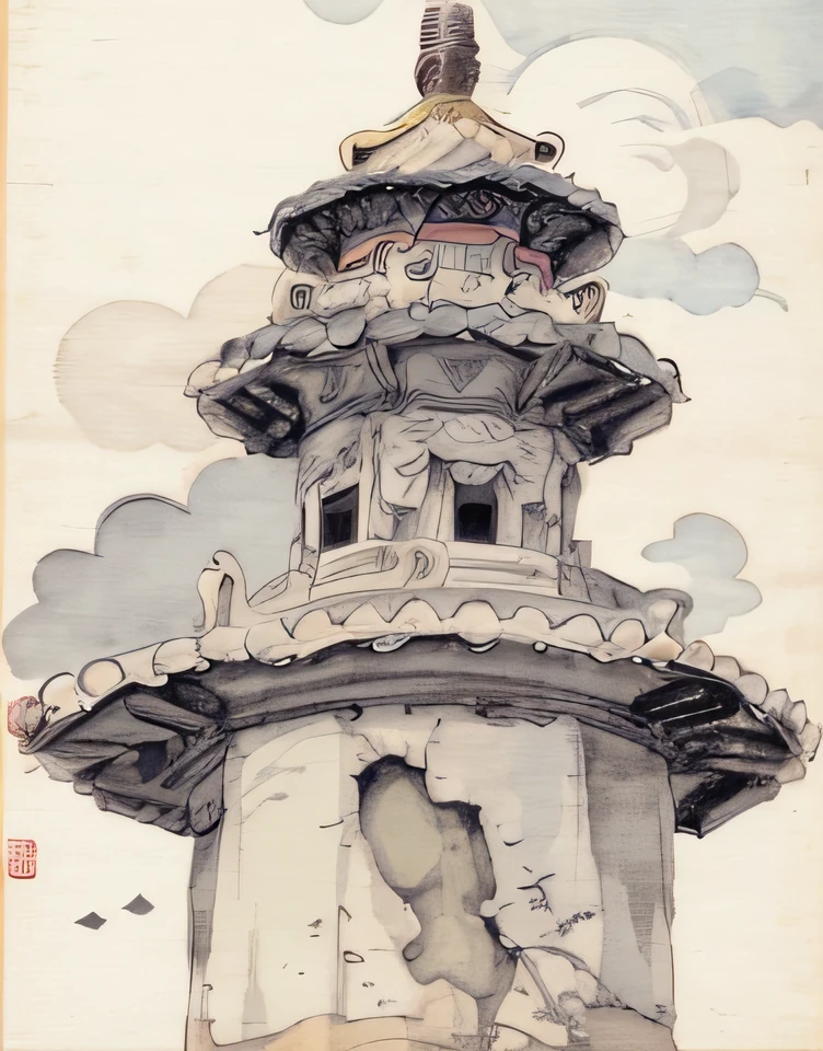 There is a picture of a pagoda，There is a bird on it, digital painting of a pagoda, pagoda, painted tower of the moon, ancien chinese tower, random detail, Tower, [ closeup cleavage ]!!, Temple, A temple, pagoda with a lot of wind chimes, inspired by Shūbun Tenshō, Temple background, Chinese style buildings, digital painted