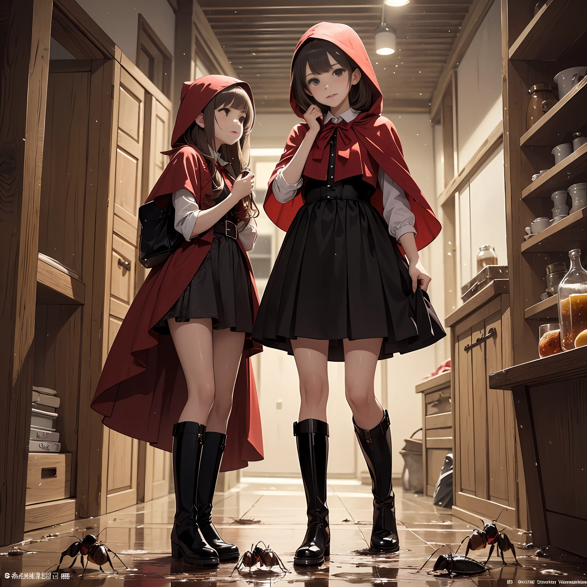 (High-quality depiction+Detailed description)、(Black Red Riding Hood Boots+rubber+get dirty)、(trample+majority+cockroach)、(Small cockroaches+Mass scattering)、(viscera+Yellowed liquid+Splashing)、(Standing Beautiful Girl+bionde+sulking)、(fight+Small cockroaches)