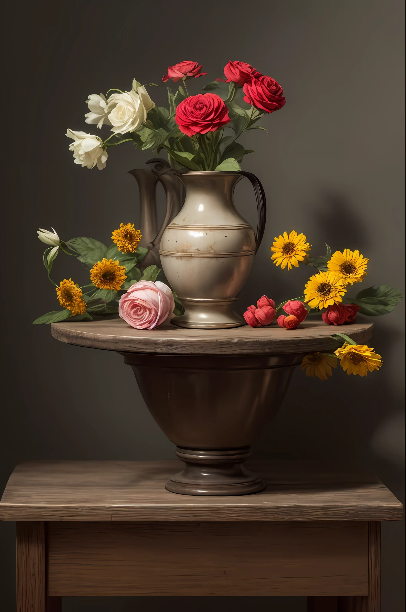 (masterpiece), (best quality), (still_life:1.3), no humans, Simple background, old, realistic, Rembrandt lights, 8K, Ultra-HD, hyper-realistic, vibrant, 8k, detailed, ultra detail, soothing tones, muted colors, fresh flowers, painting