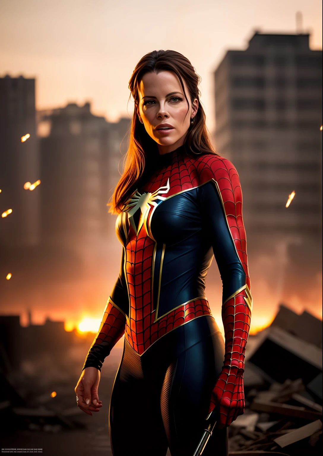 Kate Beckinsale wearing detailed brown Spiderman costume, big breasts, superhero pose, standing in ruined city at sunset, super detailed, smoke, sparks, sunlight, (8k), realistic, symmetrical, repeated award winning, cinematic lightning, drenched, film, 75mm, scratched, full body, closeup, tattered clothes, detailed face,