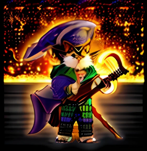 There is a cat that is holding a sickle and a sickle, estranho voidpunk Fursona, sem linha, Cat with lute, super math wizard cat, Sora como um gato, gato do vazio, archwizzard in a hat, de Anthro Leopard Warlock, baixista, Fursona!!!!, Guerreiro Gato, um bardo humano