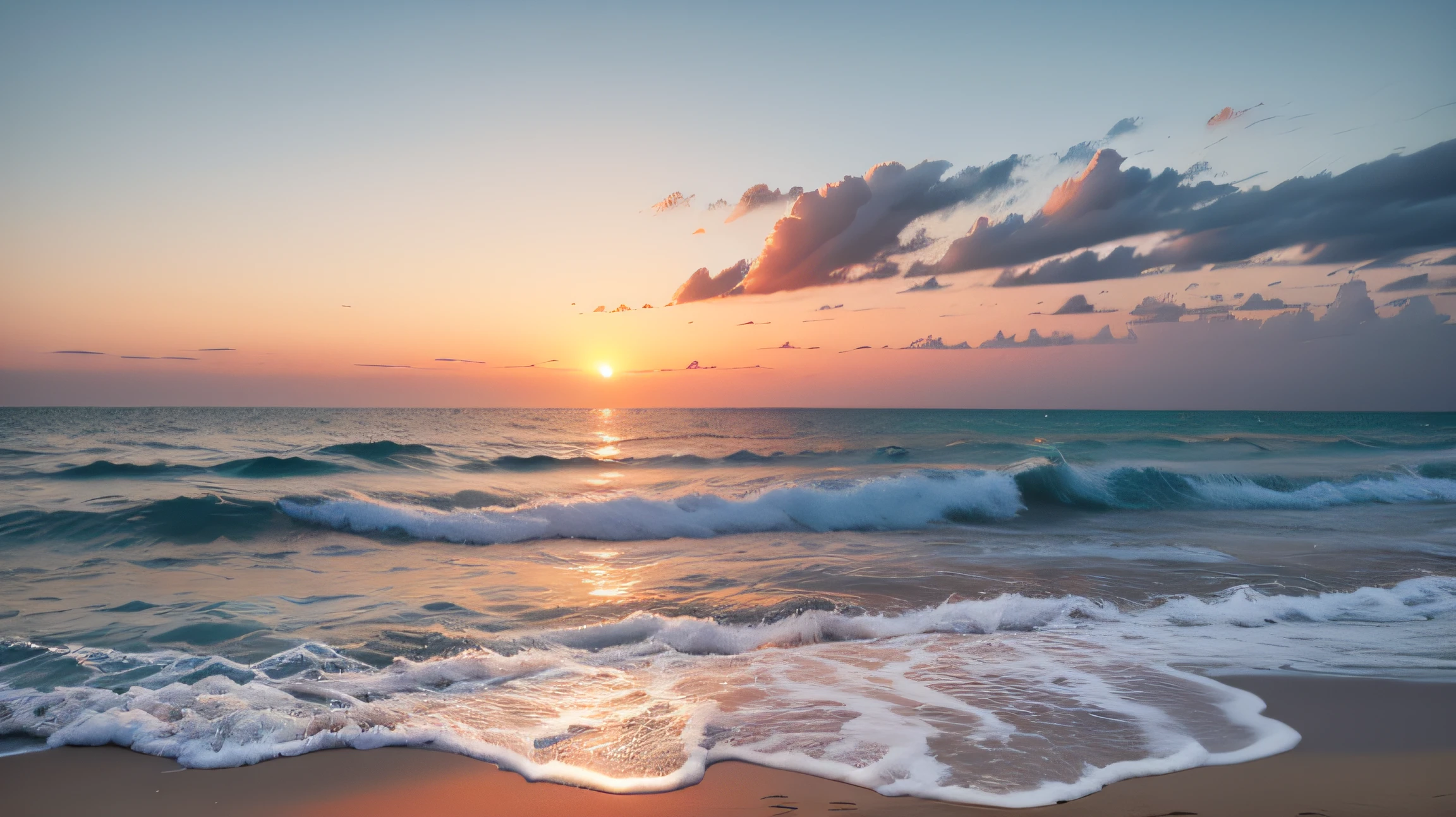 Oranges, pinks and yellows blend together to fill the sky, and the sunset over the beach is truly mesmerizing. The crystal clear waters gently kiss the coast, and the white sand beach stretches out endlessly. It's a dynamic and breathtaking scene with seagulls soaring high into the sky and palm trees gently swaying. Take in the calm atmosphere and peace will wash you away. --auto