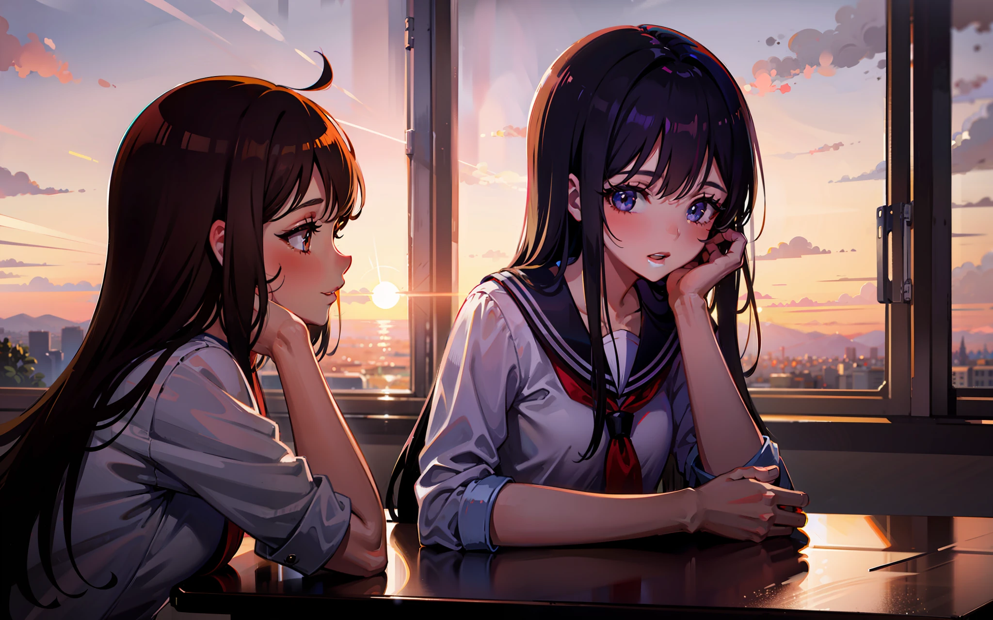 High school girls lie in front of a classroom window watching the sunset，Side face of a girl，Long-haired girls，