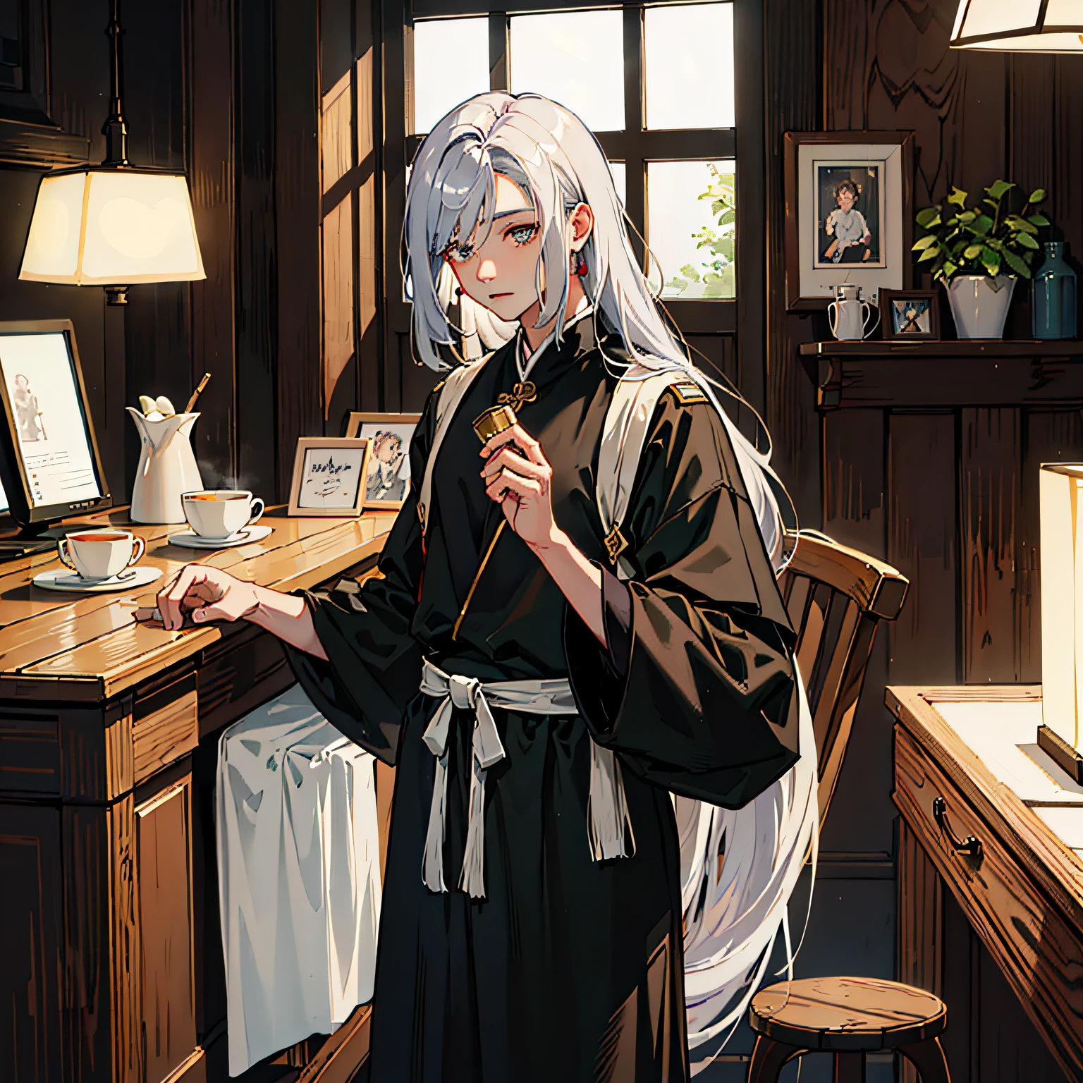 Silver long-haired anime character holding a book，Frail teenagers，sliver long hair，Dark gray almond eyes，Delicate portrayal of facial features，Anime male protagonist，High-tech clothing，Men's belt，Writing，Flowing white hair and robes，A bookish smile，A corner of the courtyard of the Academy，Mechanical clock tower，8K quality --auto