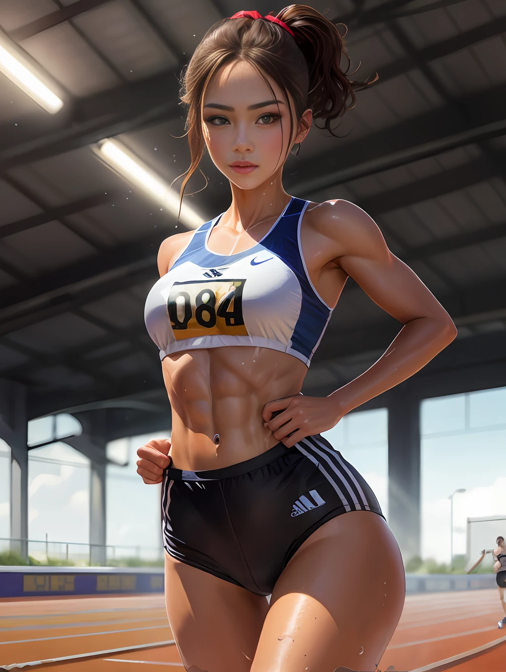 (Digital Painting),(Best Quality), 1girl, track and field uniform,charming face,small head,big beatiful eyes,large breasts,Trained abs,nice legs,wet skins sweat,track and field,Dramatic light,