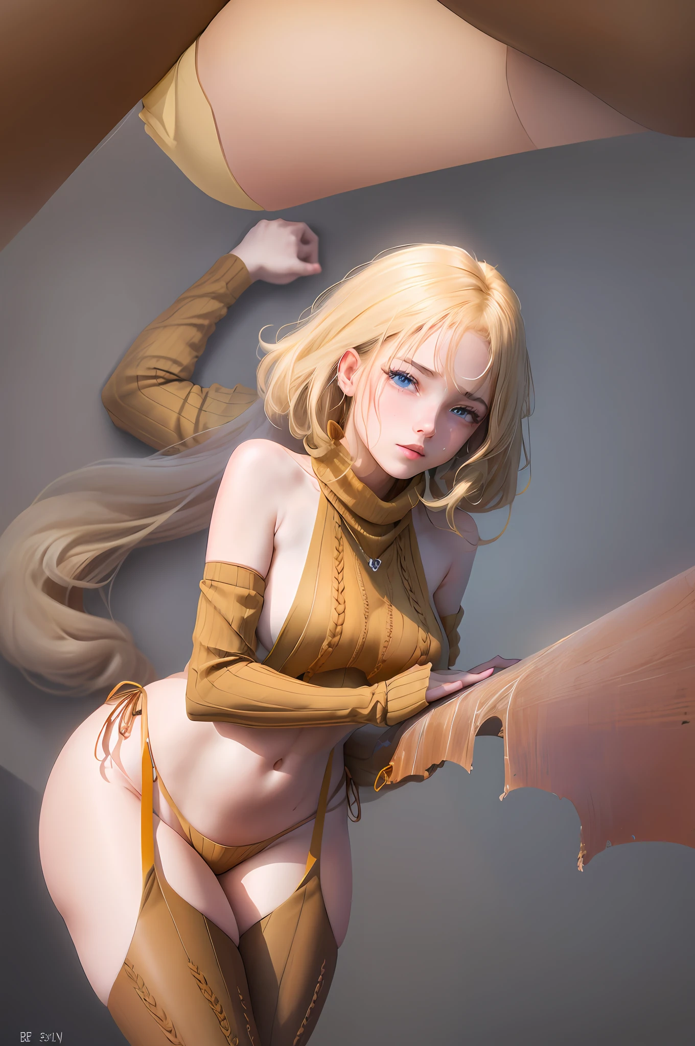 tmasterpiece, Best quality at best, high light, 1girll, blond hairbl, leaning-forward, downblouse, Separate the sleeves, (brown sweater:1.3), (brown thighhighs:1.3), (Brown panties:1.3),plumw