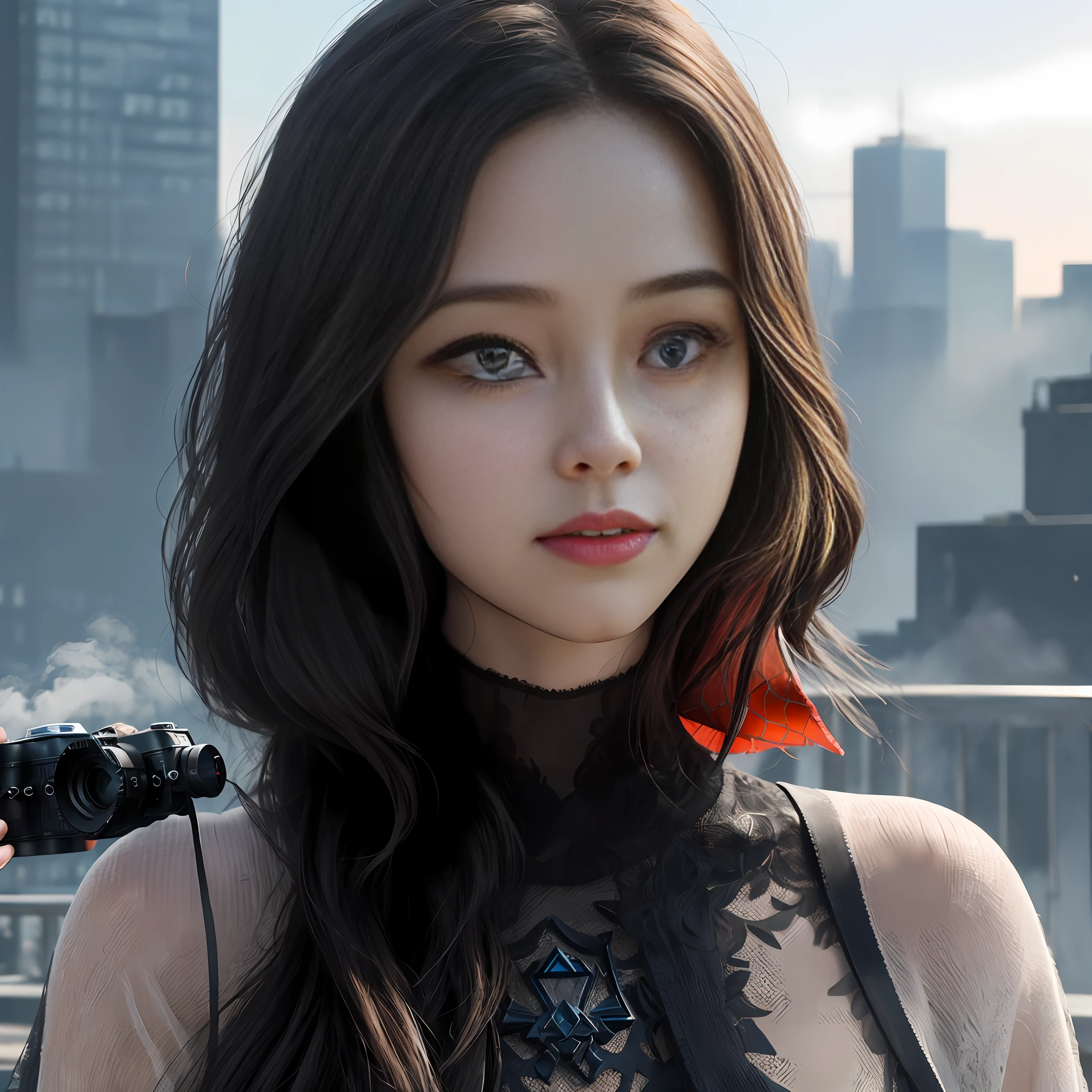 (1girl:1.3), 独奏, (((very vey very detailed face))),((very detailed eyes and faces))),beatiful detailed eyes,Body parts__,offcial art,Unified 8k wallpaper,ultra-detailliert,Beautiful and beautiful,big breasts beautiful,tmasterpiece,best qualtiy,primitive,tmasterpiece,ultra fine photos,best qualtiy,超高分辨率,photorealistic realism,rays of sunshine,full-body portraits,stunningly beautiful,,dynamicposes,delicated face,vibrant eyes,(from the front side), she is in a spider-man suit,Red and black color scheme,arachne,Very detailed city roof background, Roof,looking over city,详细的脸,detailed complex busy background,untidy,opulent,milkyW,highly detailedskin,Realistic details of skin,Visible pores,Clear focus,volume fog,8k uhd,digital SLR camera,high qulity,filmgrain,White skin of the,photo-realism,lomography,A huge metropolis of the dystopia of the future, semi transparent,Legend of Zelda,Tears of the Kingdom,zelda