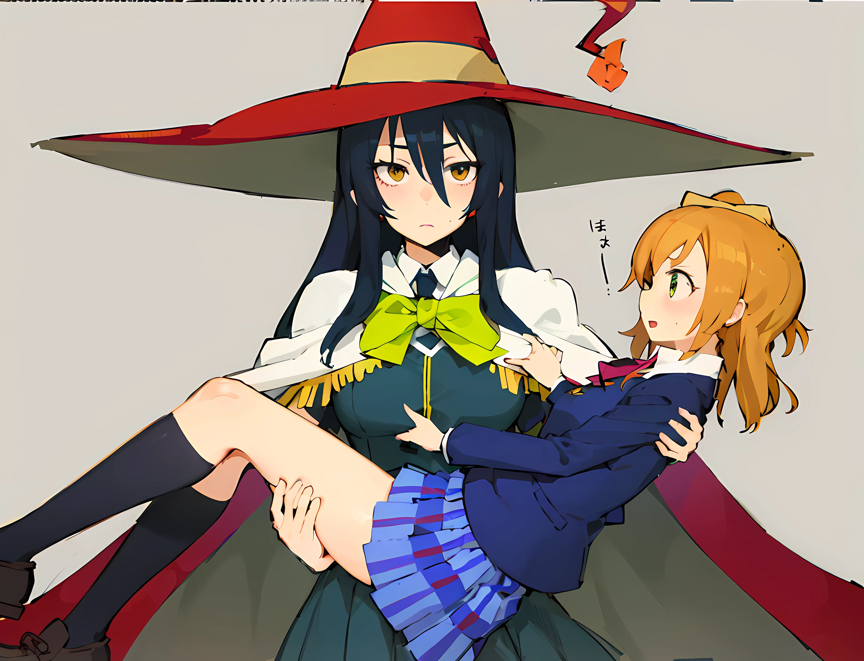 Anime girl in witch costume holding girl in witch costume, witch academia, flirty anime witch casting magic, half invoker half megumin, kirisame marisa, by Kamisaka Sekka, Megumin, from cryptid academia, けもの, by Kamagurka, zerochan, tsukasa dokite