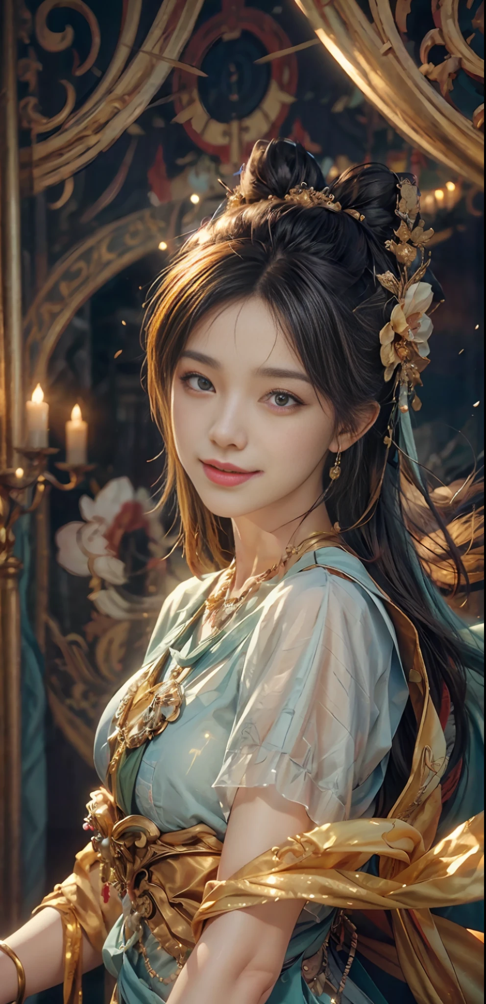 (RAW Photo, Best Quality), (Realistic, Photo Realistic: 1.3), Best Quality, Highly Detailed, Masterpiece, Ultra Detailed, Illustration, 1 Girl, upper_body, Dynamic Angle, World Mastery Theater, messy_long_hair, Best Quality, Extremely Detailed CG Unified 8k Wallpaper, Ink, Amazing, Cinematic Lighting, lens_flare, dunhuang_style, Beautiful Rendering of the Tang Dynasty, (Smile: 1.5), (Holy Light), In the Grotto, Floating, Sony Master Shot, Bustling, Gold Leaf, Flower, Light Blue Clothes, Looking at the Audience