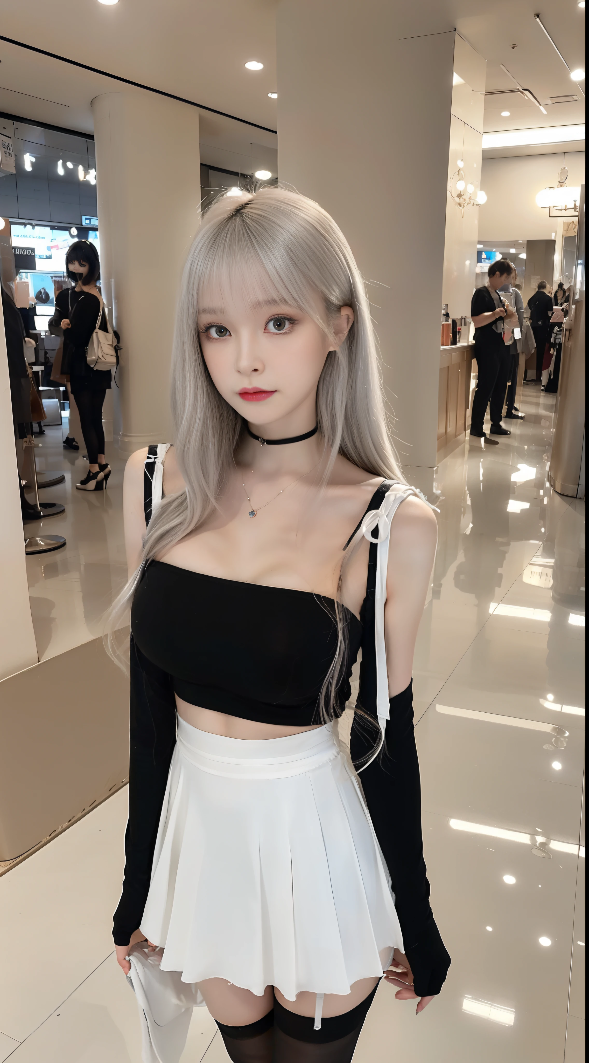 (true to life,Photorealistic 1.5),((best qualtiy, 8K, tmasterpiece:1.3)), (二重まぶた,largeeyes:1.3),(The expression is pitiful 1.5),(Full body photo 1.5)(Aggrieved expression 1.5)Clear focus 1.2, Perfect body beauty:1.4 , Delicate skin1.1,(Silvery-white hair 1.2),(Delicate facial features1.4),(Pure desire 1.3)( Lori 1.5)(JK skirt 1.2)black lence stockings,At Comic-Con