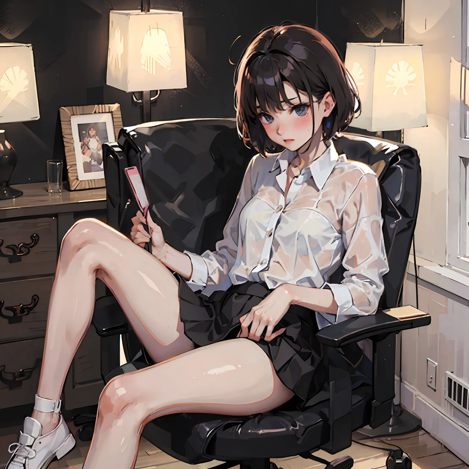 Black silk hip skirt office chair short hair shirt lamp  shorts lying wheezing blush transparent --auto