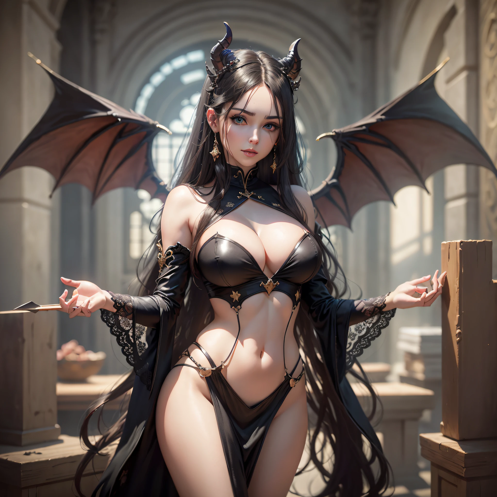 A girl full body succubus realistic with horns on the head with tail big breasts thin waist wide crotch long legs black silk --auto