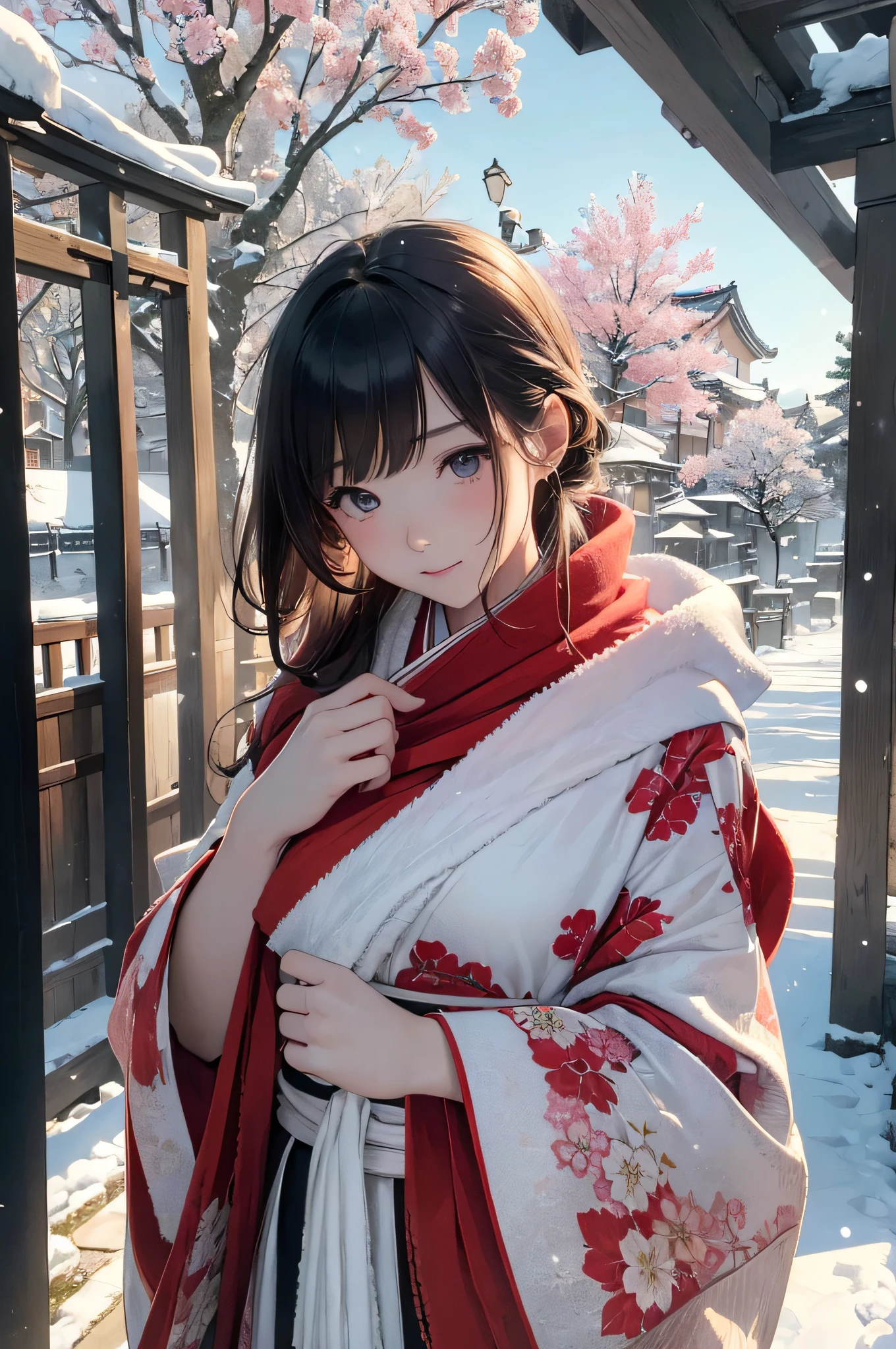 (Master masterpiece:1.3), Realistic epic、Cinematic lighting、absurderes, 超A high resolution, Highly detailed , 细致背景、Winters、snow cover、Plaster walls、gate、a street、the morning sun、Japan kimono、(shawls:1.4)、1girl in、face perfect、Red and white as the main colors