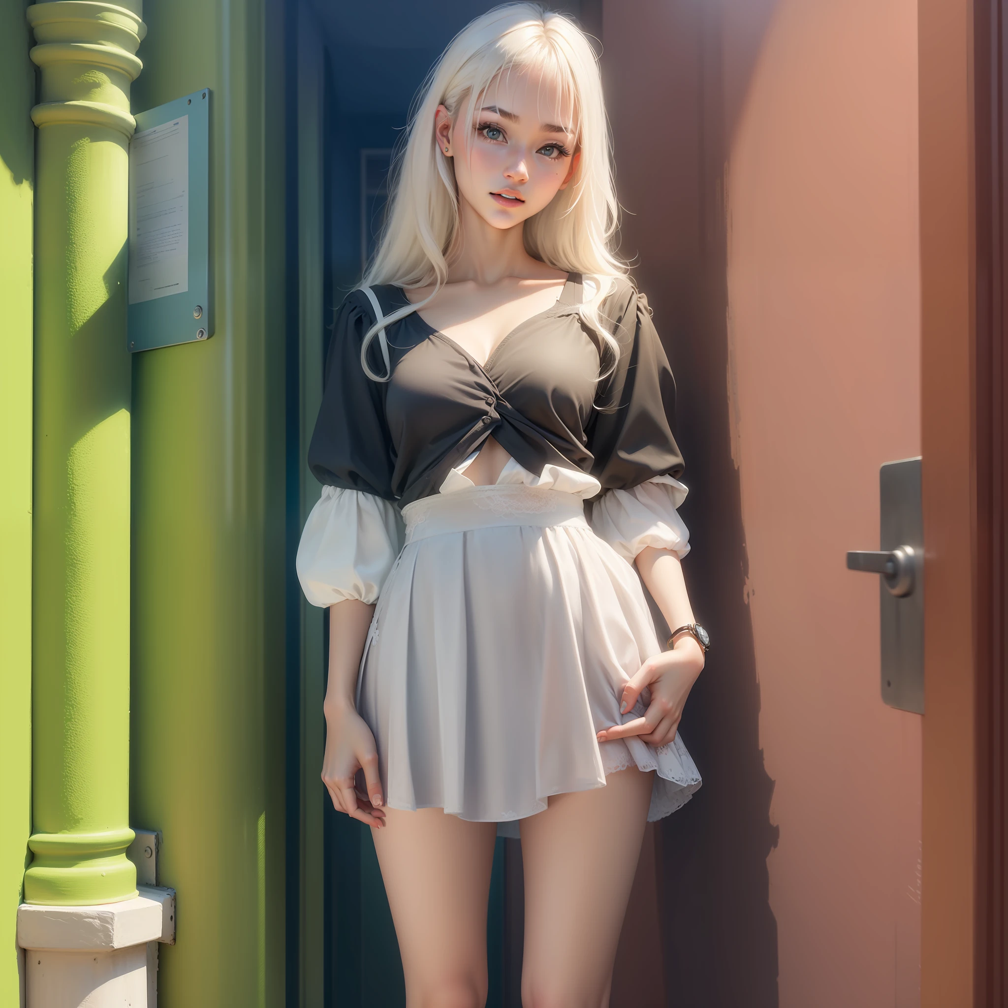 23years old，Young beautiful girl，High value，white color hair， JK skirt，bare-legged，Campus scene