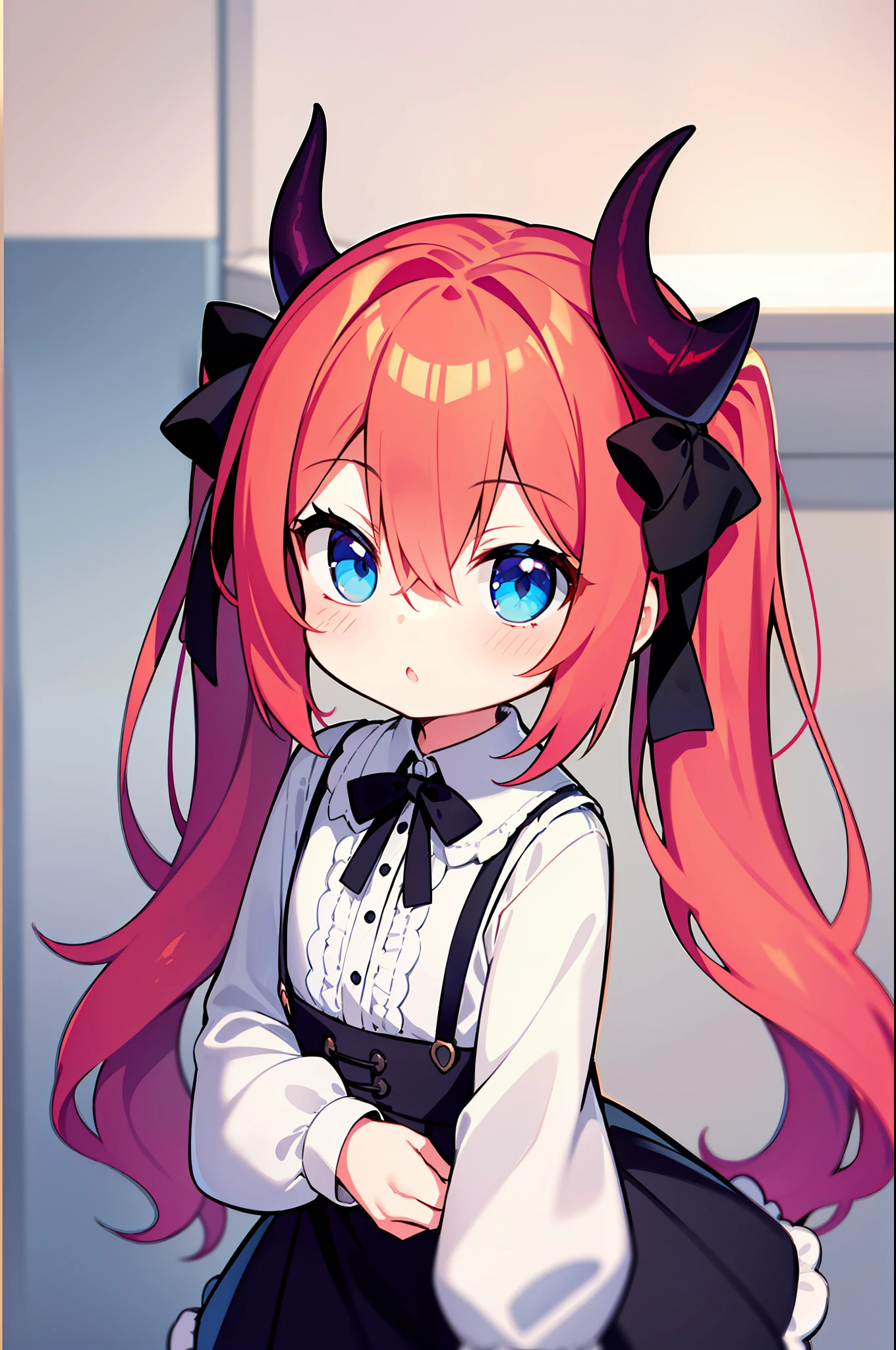 {{best quality}}, {{masterpiece}}, {{ultra-detailed}}, {illustration}, {detailed light}, red hair,blue eyes,twintails,lolita,Suspenders skirt,Fantastic,loli,solo,Dragon horns,little girl,long hair,hair between eyes