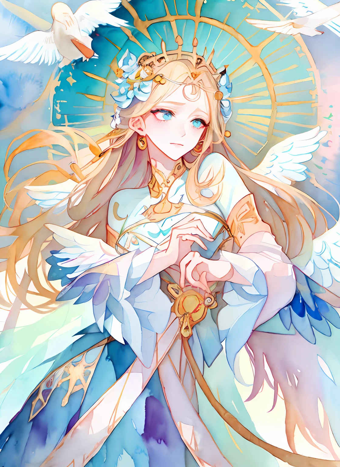 a drawing,The painting depicts a woman with white wings and a dove, inspired by Miho Hirano, watercolor detailed art, author:Mary Angel, inspired by Naoko Takeuchi, inspired by Marie Angel, Alphonse mucha and rossdraws, ethereal fairytale, Inspired by Rebecca Gay, trending on artstration, watercolor colored painting, Watercolor illustration style, goddess of love and peace
