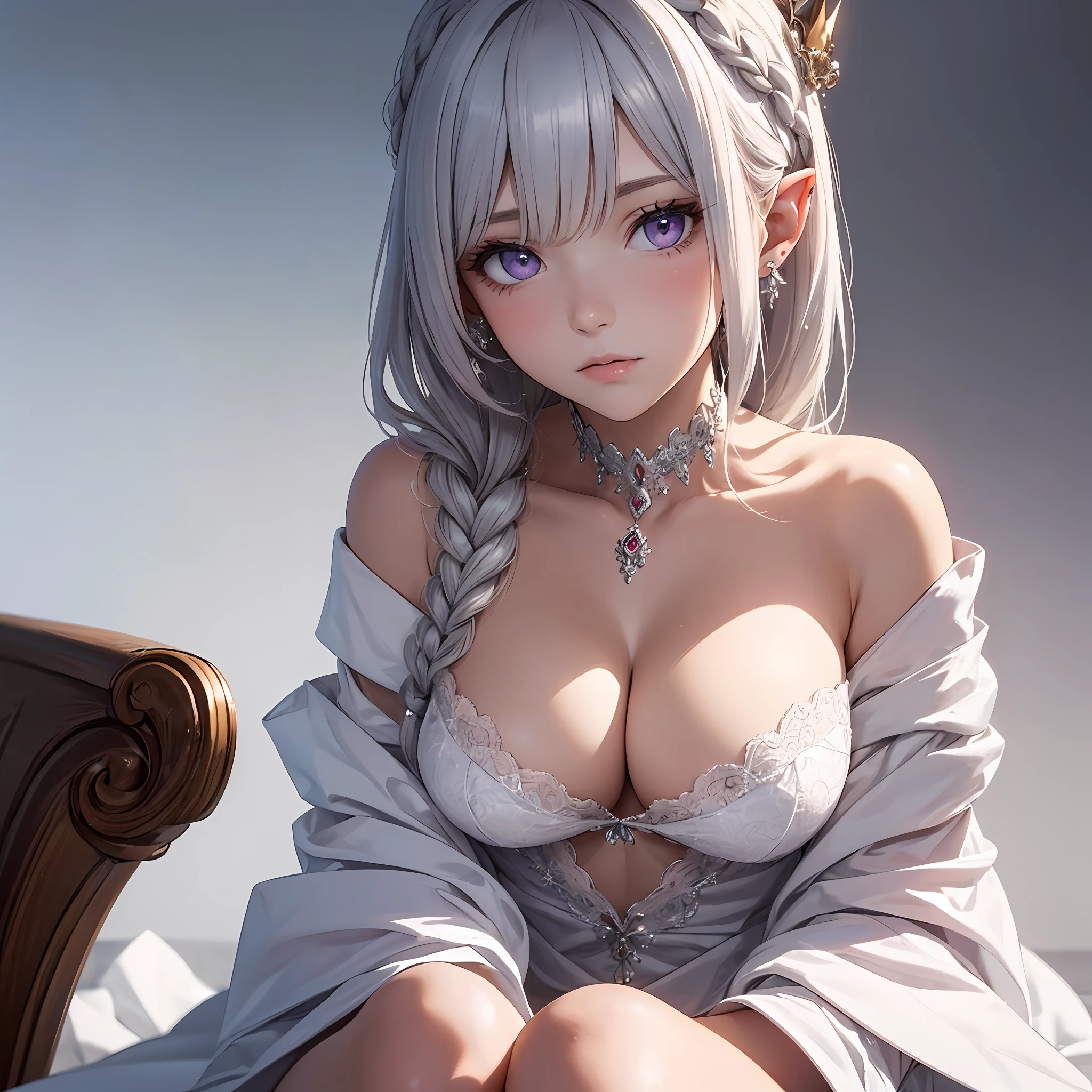 best qualtiy,highly detailed,tmasterpiece,ultra - detailed,lovemaking,(Realistis:1.2),1girll,(white backgrounid),simplebackground,Elaborate Eyes,Silver hair,a purple eye,hair_ornament,(white offshoulder shirt:1.3),long whitr hair,pointy_ears,crown_braid,face expressionless,hair straight,(++Sat down:1.2),big cleavage breasts, --auto