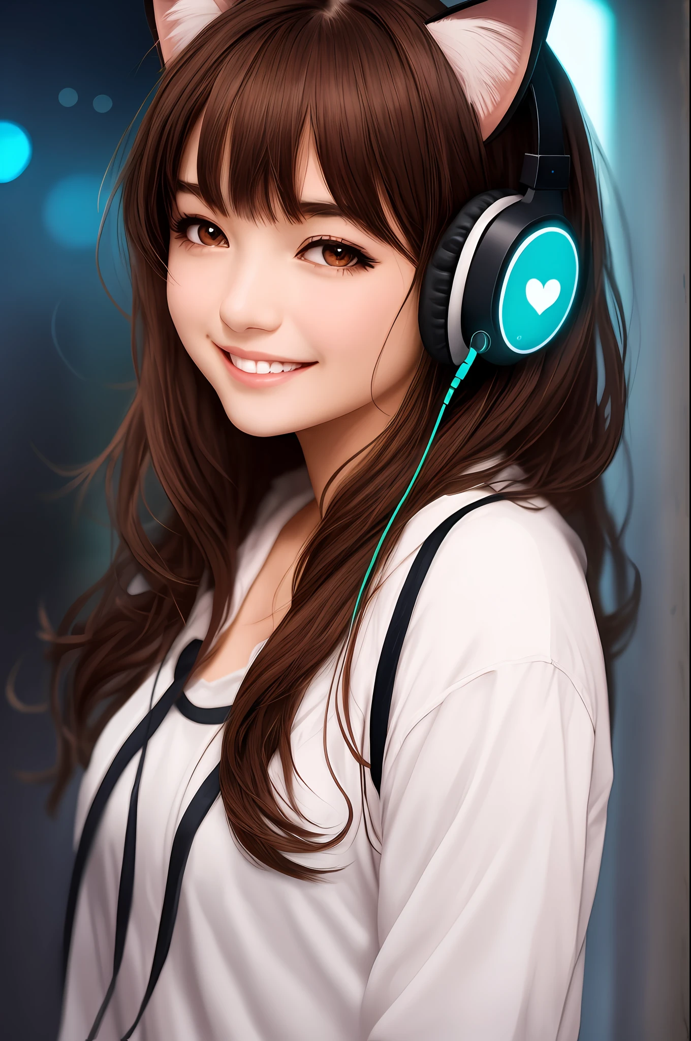 teens girl,brown hair, clover hair ornament, eyeball, cat ear headphones, light smile, Romanticism, anime, modern, cinematic lighting, best quality, super detail