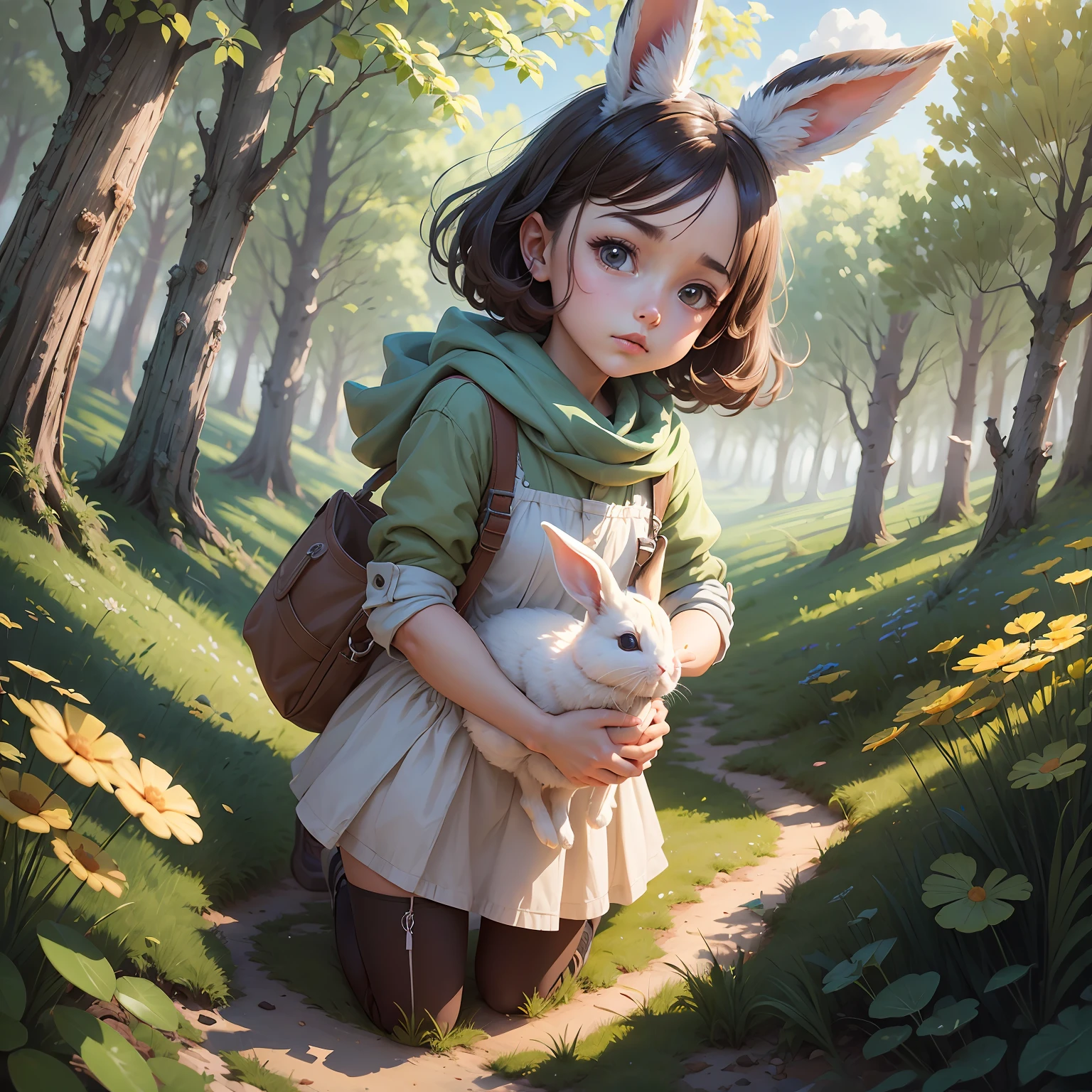 (Anime style,forest backgrou:1.2)⊕(Look ahead,Be alert,Stand upright,Prick up your ears,Eyes wary),(A white rabbit)⊕(On shallow grass),Moe charm。 --auto
