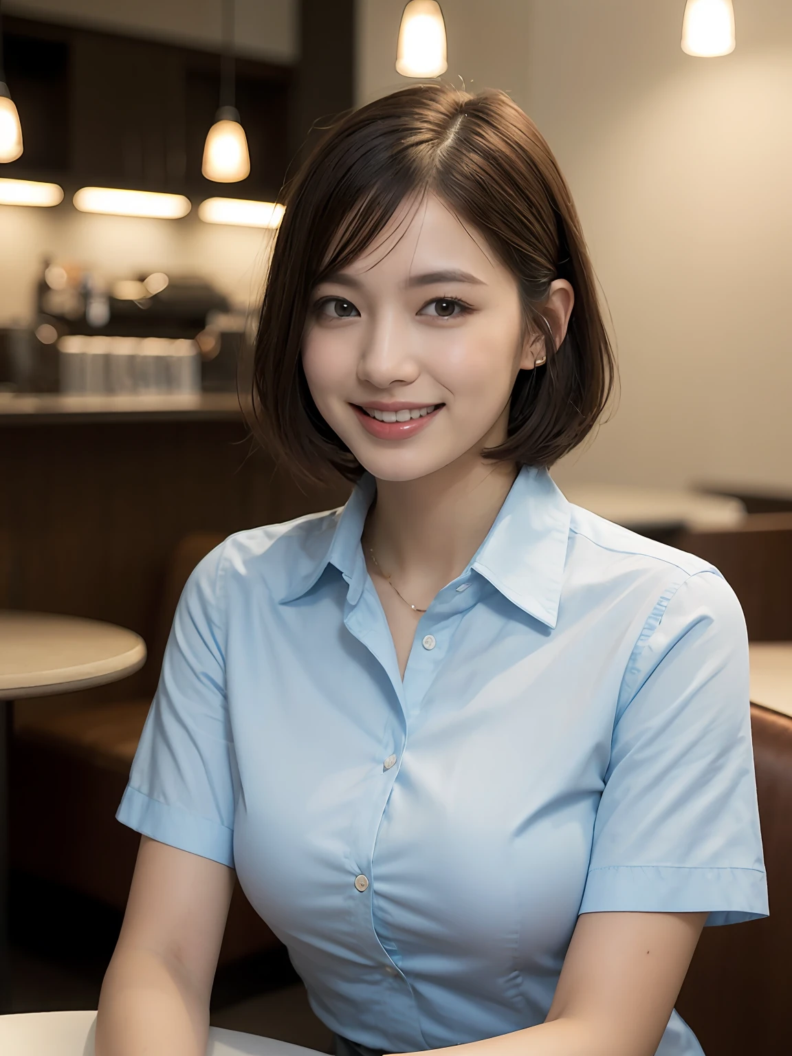 (64K,UHD,
best quality, masterpiece:1.2), (realistic, photo-realistic:1.37), ultra-detailed, 1 girl, cute, solo, beautiful detailed sky, detailed cafe, night, sitting, dating, (nose blush), (smile:1.15), (closed mouth) small breasts, beautiful detailed eyes, (collared shirt:1.1), night, wet, business attire, rain, white lace, (short hair:1.2), floating hair NovaFrogStyle, topless,